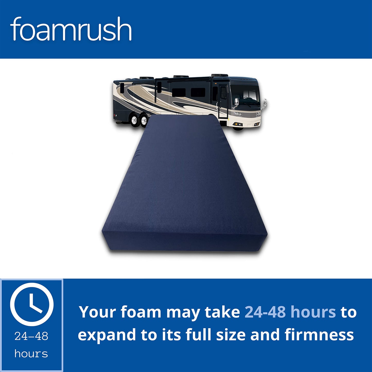 FoamRush 8" Olympic Queen (66" x 80") High Density Foam RV Mattress Replacement W/Canvas Navy Cover, Extra Firm, Made in USA, Camper Trailer Removable Water-Resistant Outdoor/Indoor Cover W/Zipper