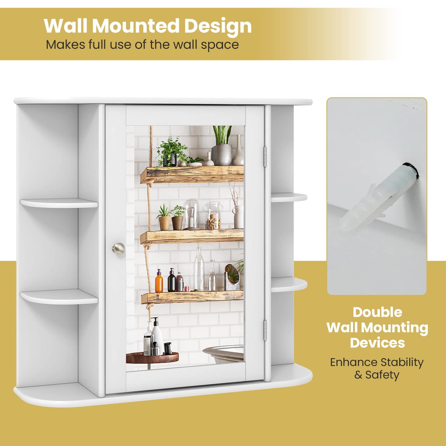 Tangkula Bathroom Medicine Cabinet with Mirror, Wall Mounted Bathroom Storage Cabinet w/Mirror Door & 6 Open Shelves, Adjustable Shelves, Mirrored Bathroom Wall Cabinet (White)