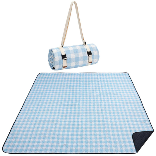 WILLOW WEAVE Picnic Blanket, 80''x80'' Waterproof Outdoor Blankets, Picnic Mat Washable for Beach, Picnic Blankets for Camping on Grass with Shoulder Strap - Blue & White