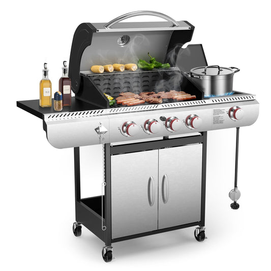 4-Burner Gas BBQ Grill with Side Burner, Porcelain-Enameled Cast Iron Grates, Baking Pan, 42,000 BTU Stainless Steel Propane Grill for Outdoor Cooking and Patio Barbecues