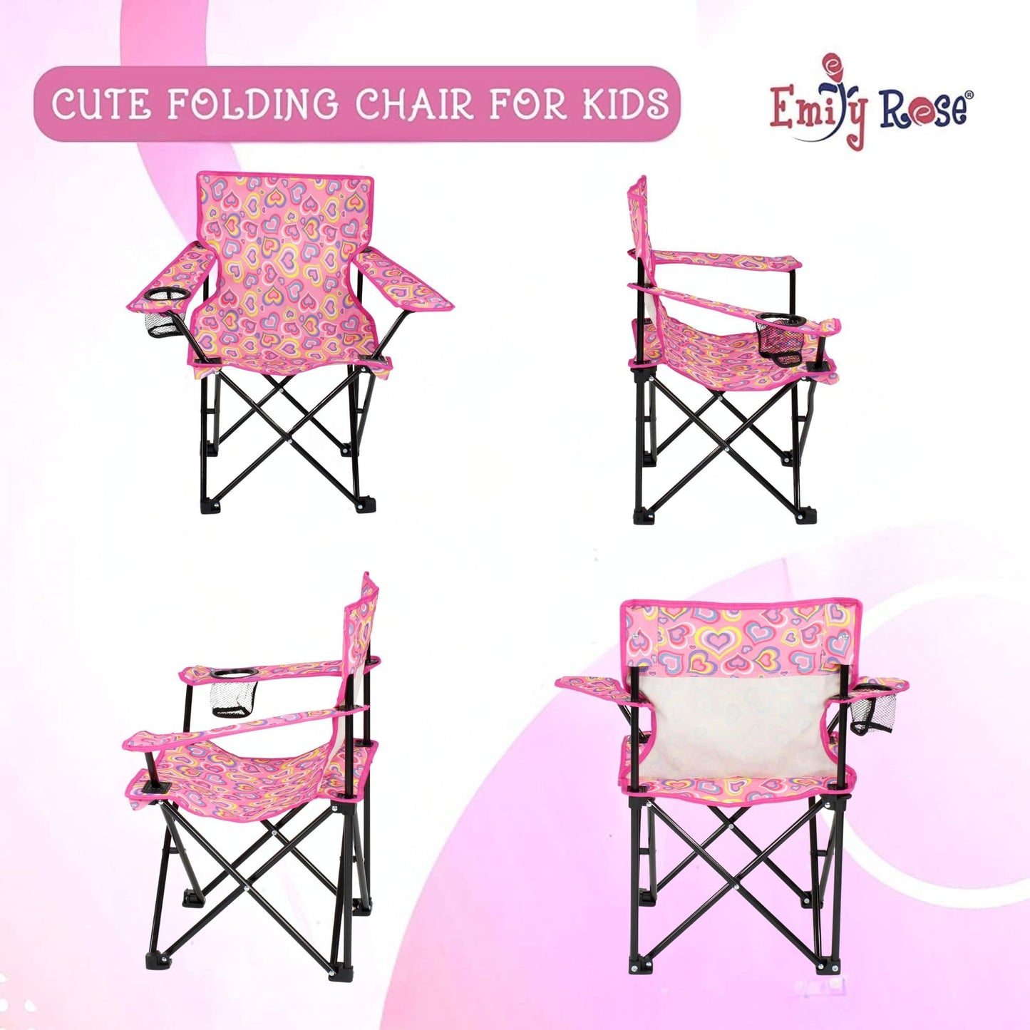 Emily Rose Kids Folding Chair | Beach Chair with Safety Lock- Camping Chair for Boyos Girls Toddler with Cup Holder & Carry Case- Tailgate, Travel, Lawn- for Indoor & Outdoor (Playful Hearts)