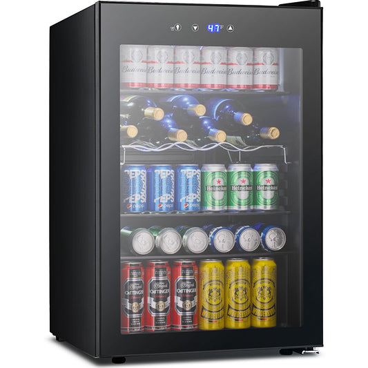 Electactic 37 Bottle Wine Fridge,Freestanding 145 Can Beverage Refrigerator with Smart Temperature Control，4.5 CU FT Quiet Mini Fridge with Child Lock Panel for Family Restaurant Bar, Black