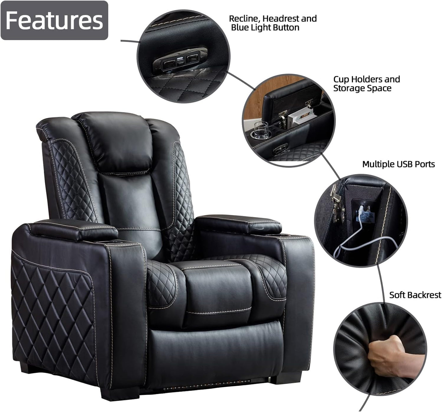 CANMOV Electric Power Recliner Chair with Ambient Lighting, Faux Leather Dual Motor Power Home Theater Seating with Adjustable Headrest, Hidden Arm Storage,Cup Holders,USB Ports (Single, Black)