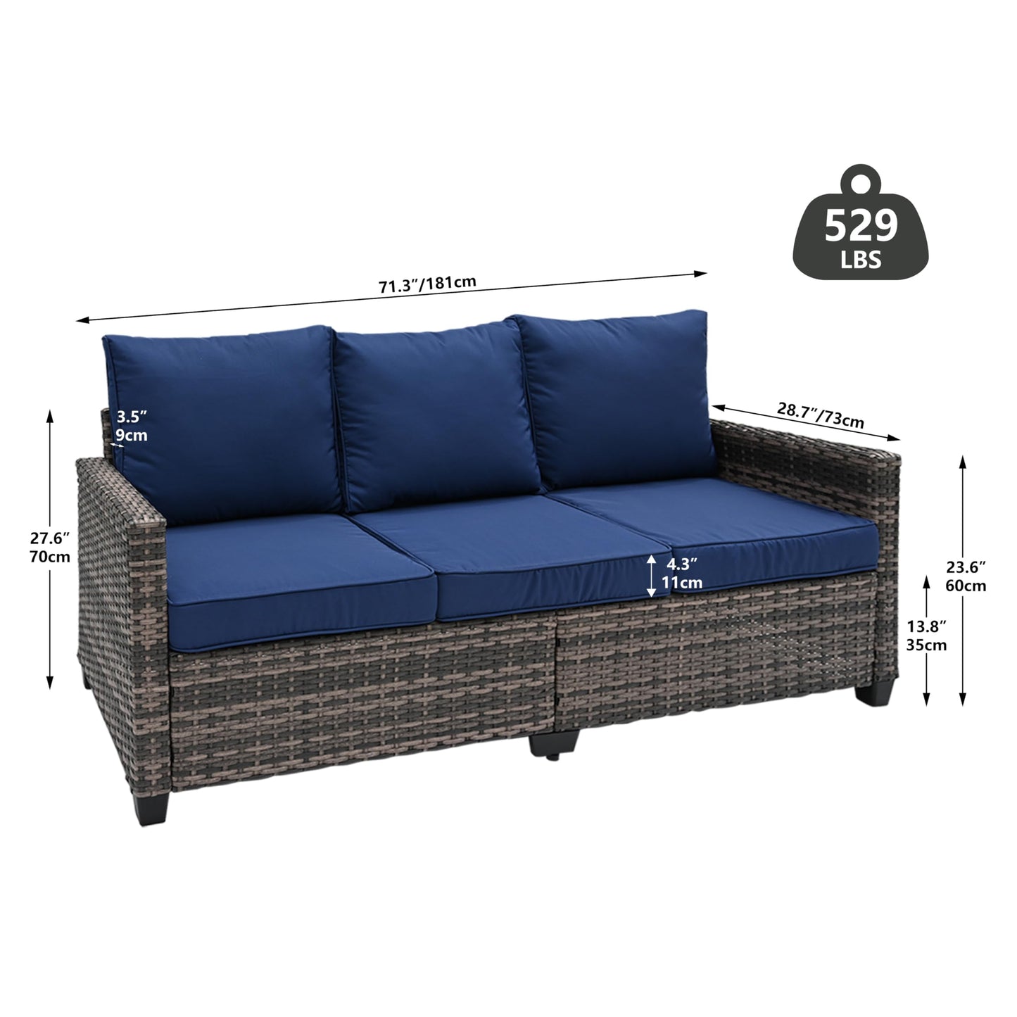 TARKARI All Weather Wicker Patio Couch, 3 Seats Patio Sofa with High Curvy Back, Premium Outdoor Sofa with Brown Wicker and Thick Cushions for Garden, Backyard, Porch, Blue