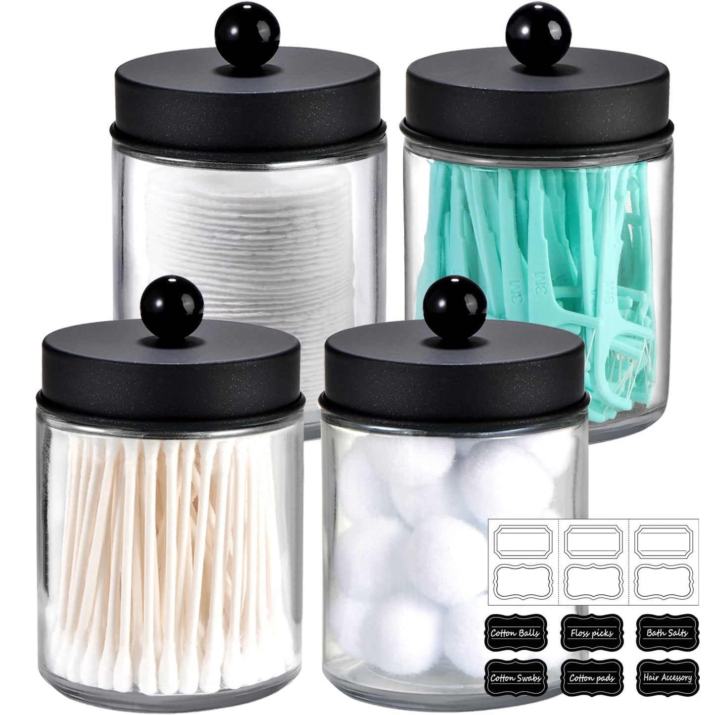 Amolliar 4 Pack Apothecary Jars Bathroom Vanity Storage Organizer Set -Countertop Canister with Stainless Steel Lids &Cute Stickers - Qtip Dispenser Holder for Qtips,Cotton Swabs,Makeup Sponges(Black)