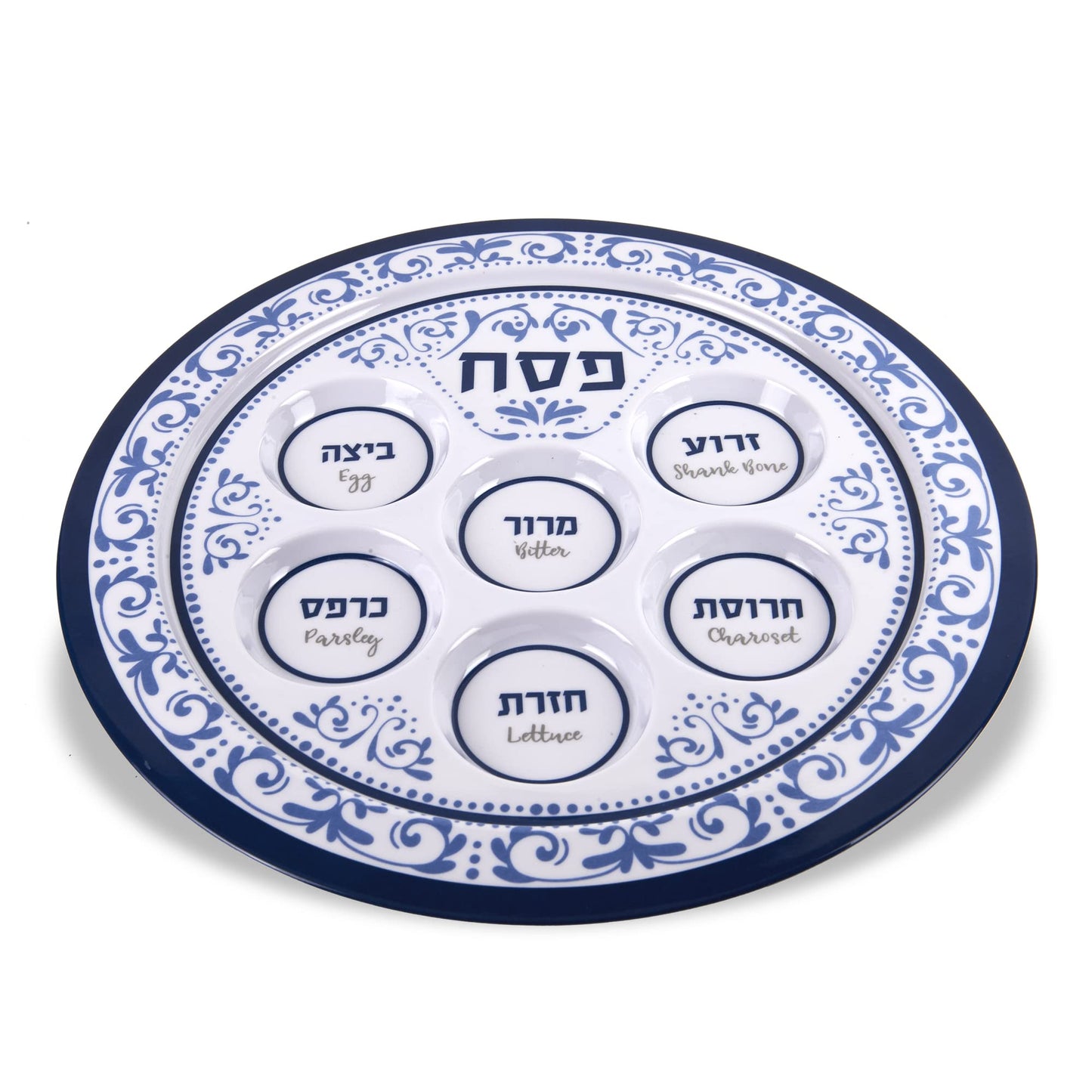 Passover Seder Plates 12" Melamine - 6 Section Plate Marked with Symbolic Pesach Seder Foods - Round Seder Tray for Adults, Children by Zion Judaica - Blue Floral Renaissance Single Passover Plate