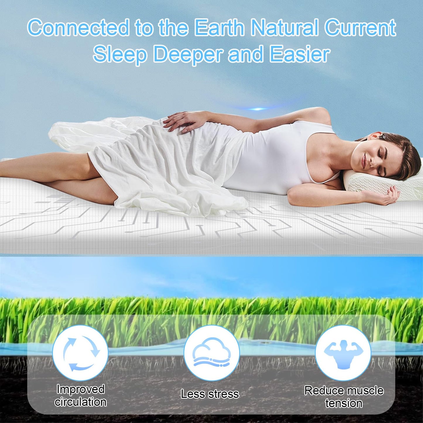 ConBlom Grounding Fitted Sheet with Grounding Cord, Earthing Sheets King Size, 5% Silver Fiber & 95% Cotton Fiber, Conductive Earthing Bed Sheet for Better Sleep (White, King)