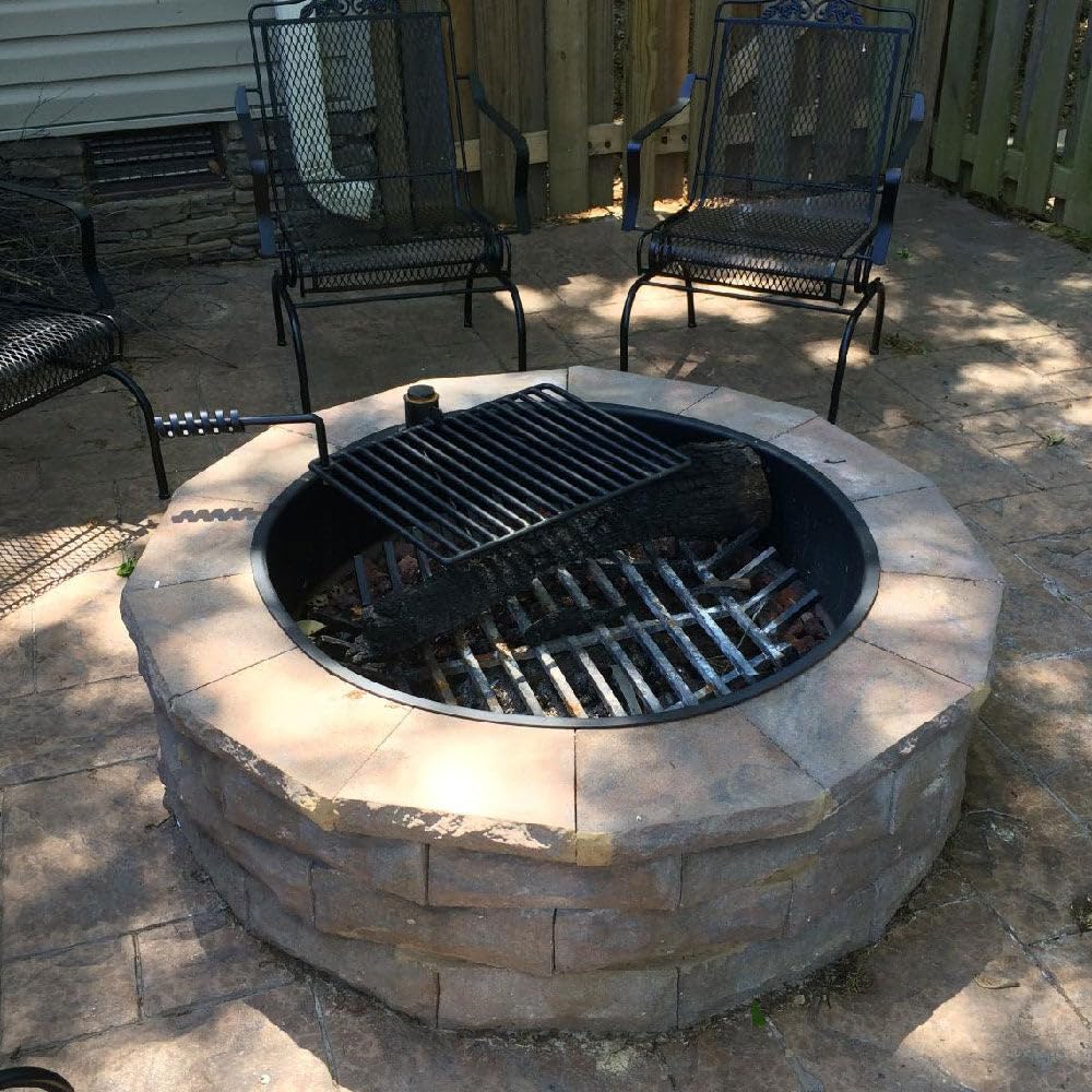 Ash & Ember 36" Steel Fire Ring with 15.5" x 19.5" Grate, Durable Fire Ring Liner with Anchor Pins, Outdoor Cooking Camping Steel Fire Ring Combo