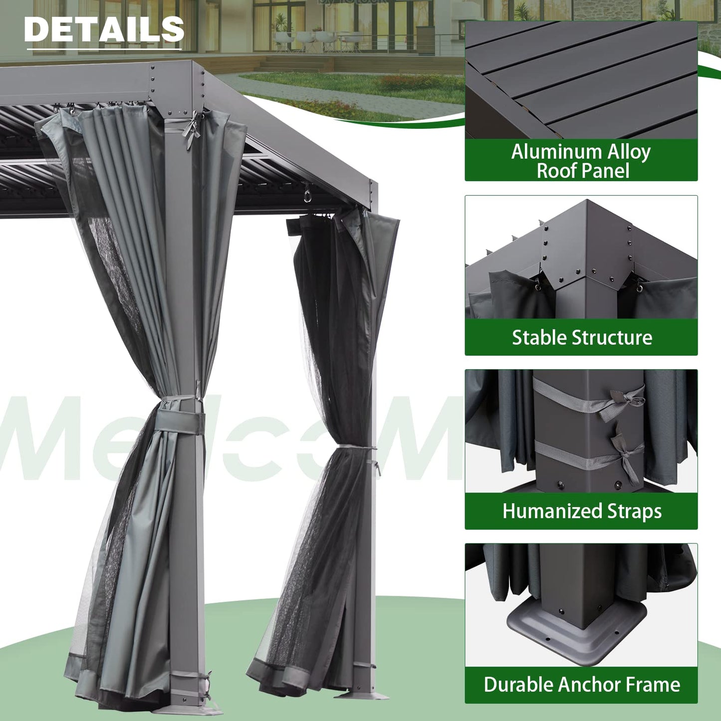 MELLCOM 10x10ft Louvered Pergola with Curtains and Nets, Aluminum Pergola with Adjustable Rainproof Roof, Outdoor Hardtop Pergola for Patio, Backyard, Deck, Dark Gray