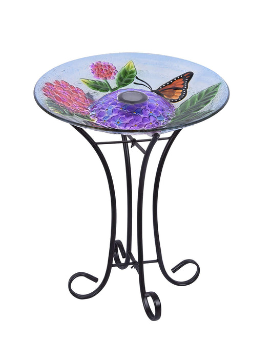 Hi-Line Gift 78415-D Solar Led Floral Glass Butterfly Bird Bath with Stand