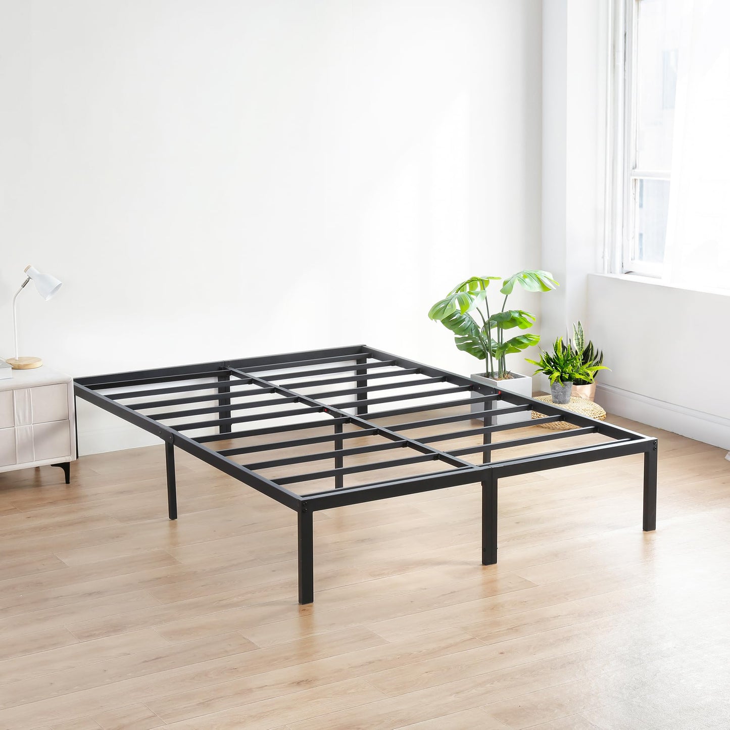 Olee Sleep 18 Inch Heavy Duty Steel Slat Anti-Slip Support, Easy Assembly Platform Bed Frame, Noise Free Steel Mattress Foundation, Maximum Storage, No Box Spring Needed, Black, Cal King Size