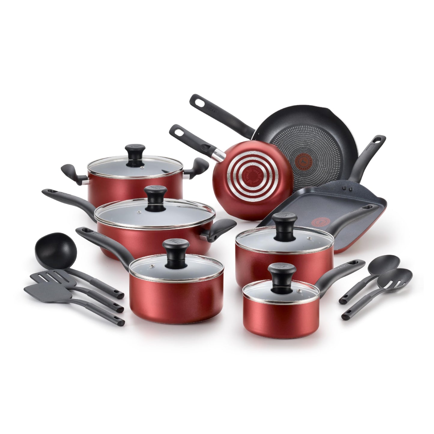 T-fal Initiatives Nonstick Cookware Set 18 Piece, Oven Broiler Safe 350F, Kitchen Cooking Set w/ Fry Pans, Saucepans, Saute Pan, Dutch Oven, Griddle, Pots and Pans, Home, Dishwasher Safe, Red