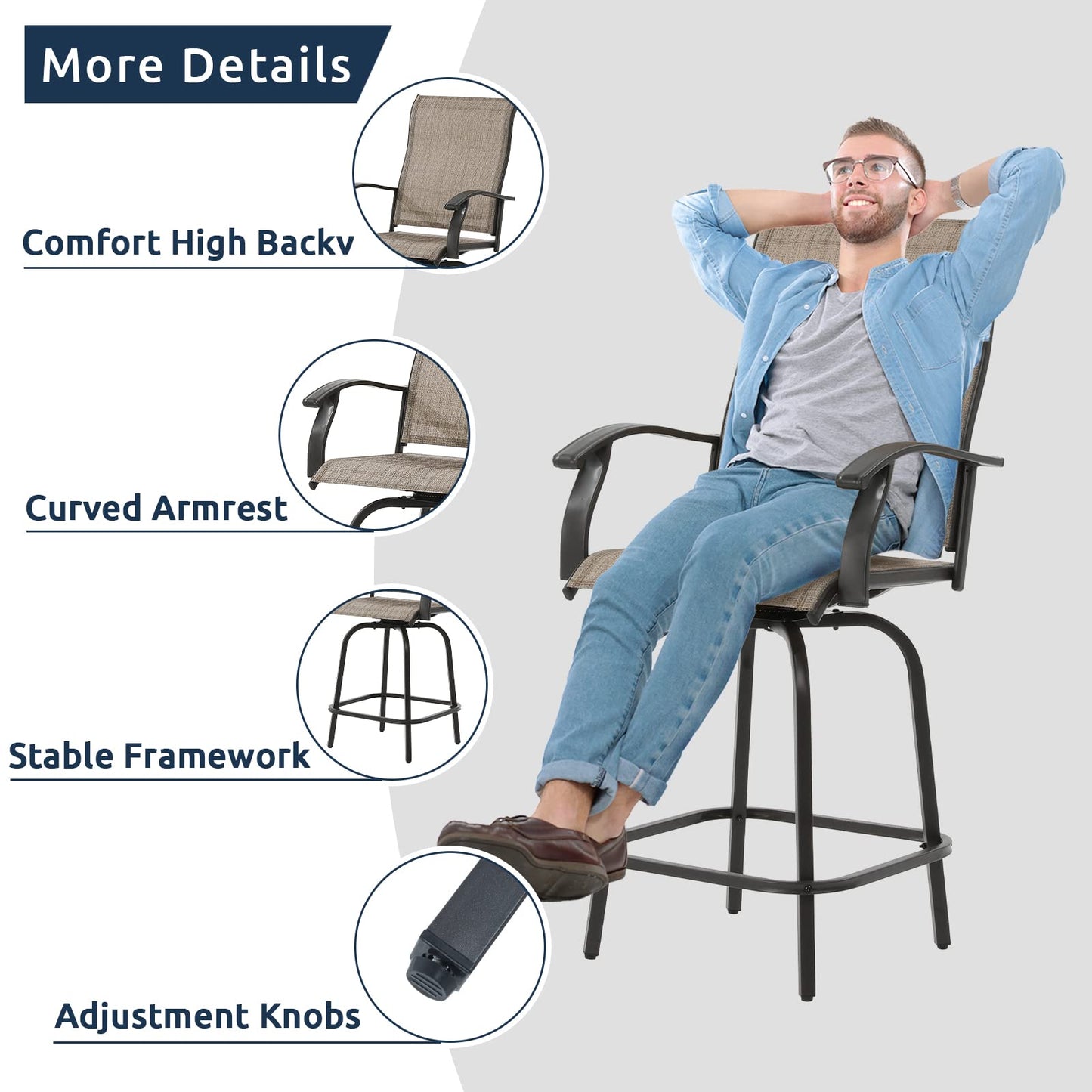 UDPATIO Patio Swivel Bar Stools Chair of 2, Outdoor Bar Height Set, All Weather High Back and Armrest Patio Stools & Bar Chairs for Backyard, Lawn Garden, Balcony and Pool, Brown