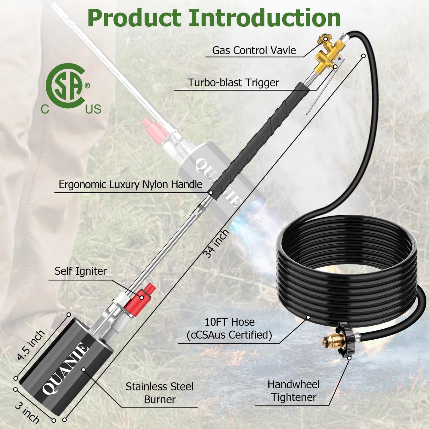 Propane Torch Weed Burner Kit, Blow Torch High Output 1,800,000 BTU with Self Igniter and Turbo-Blast Trigger,Heavy Duty Flamethrower with 10FT Hose for Weeding,Roof Asphalt,Ice Snow,Road Marking