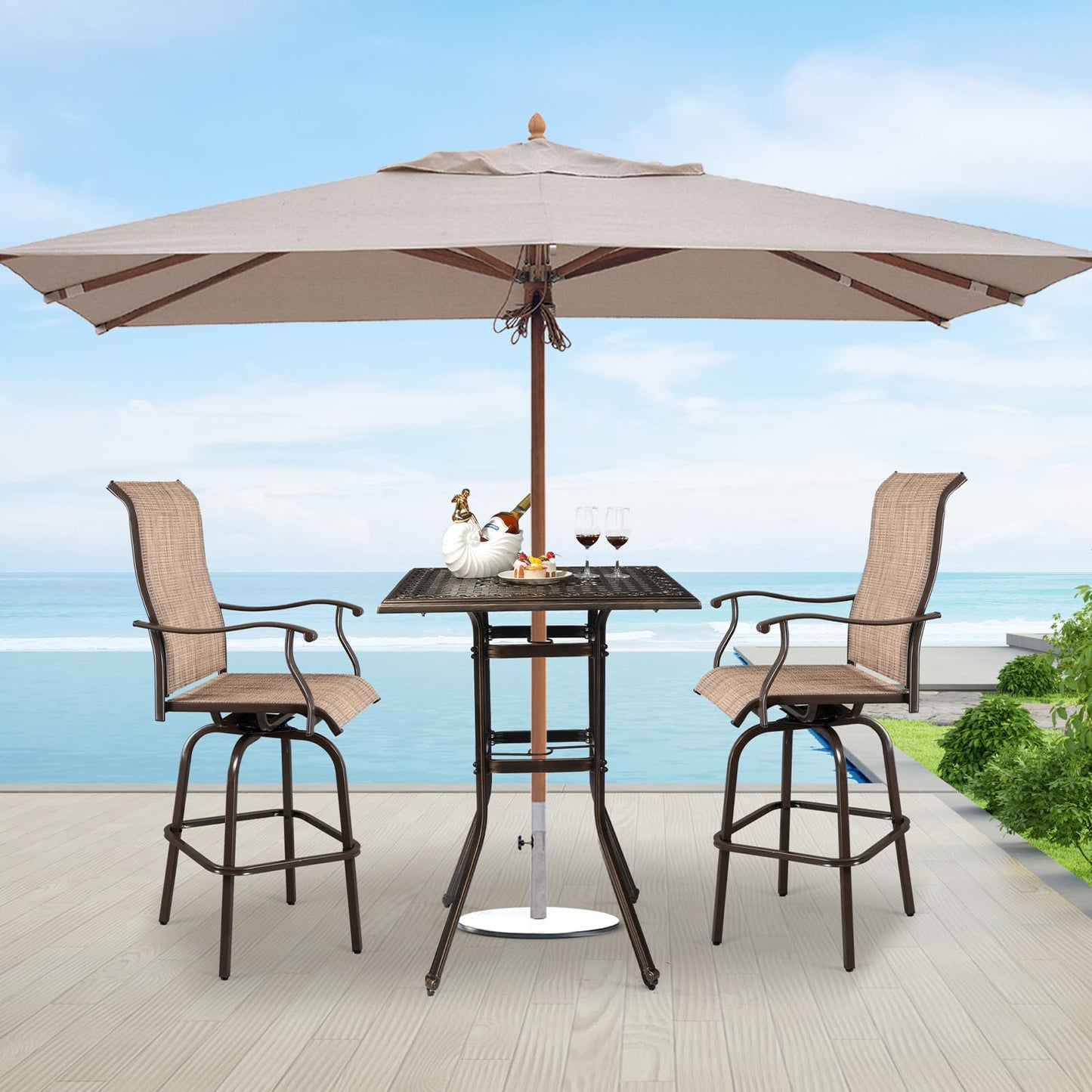 VINGLI Cast Aluminum Patio Bar Table, 42" Height High Top Outdoor Bar Table with Umbrella Hole, Pub Height Bistro Square Table for Paito Lawn Garden