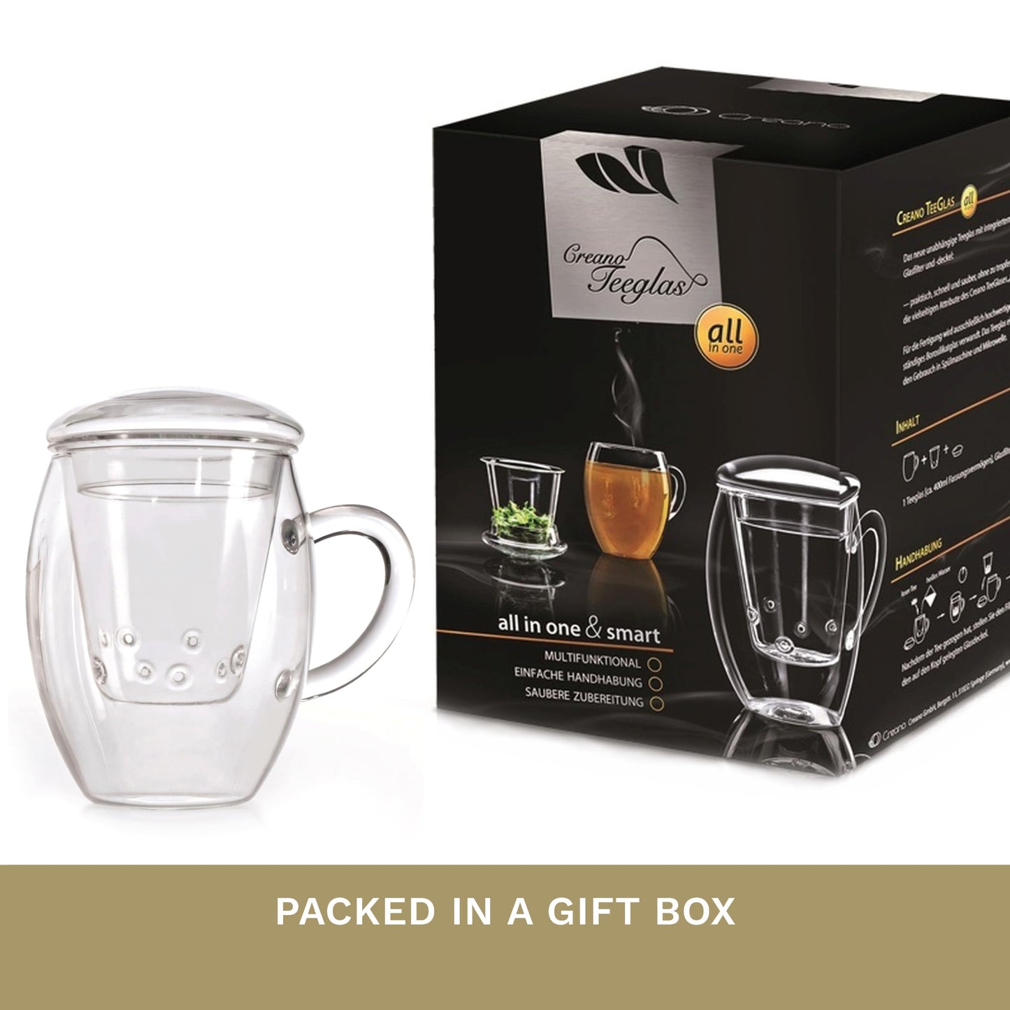 Creano Tea Glass with Infuser and Lid 400ml - Large Tea Cup - Microwave & Dishwasher Safe - Loose Leaf Tea Maker Gift Set