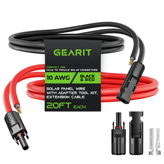 GearIT 10AWG Solar Extension Cable (20FT Black - 20Ft Red) Male to Female Solar Connectors with Adapter Tool Kit, Solar Panel Renewable Energy, 10 Gauge Pure Copper Extension Cord, 20 Feet