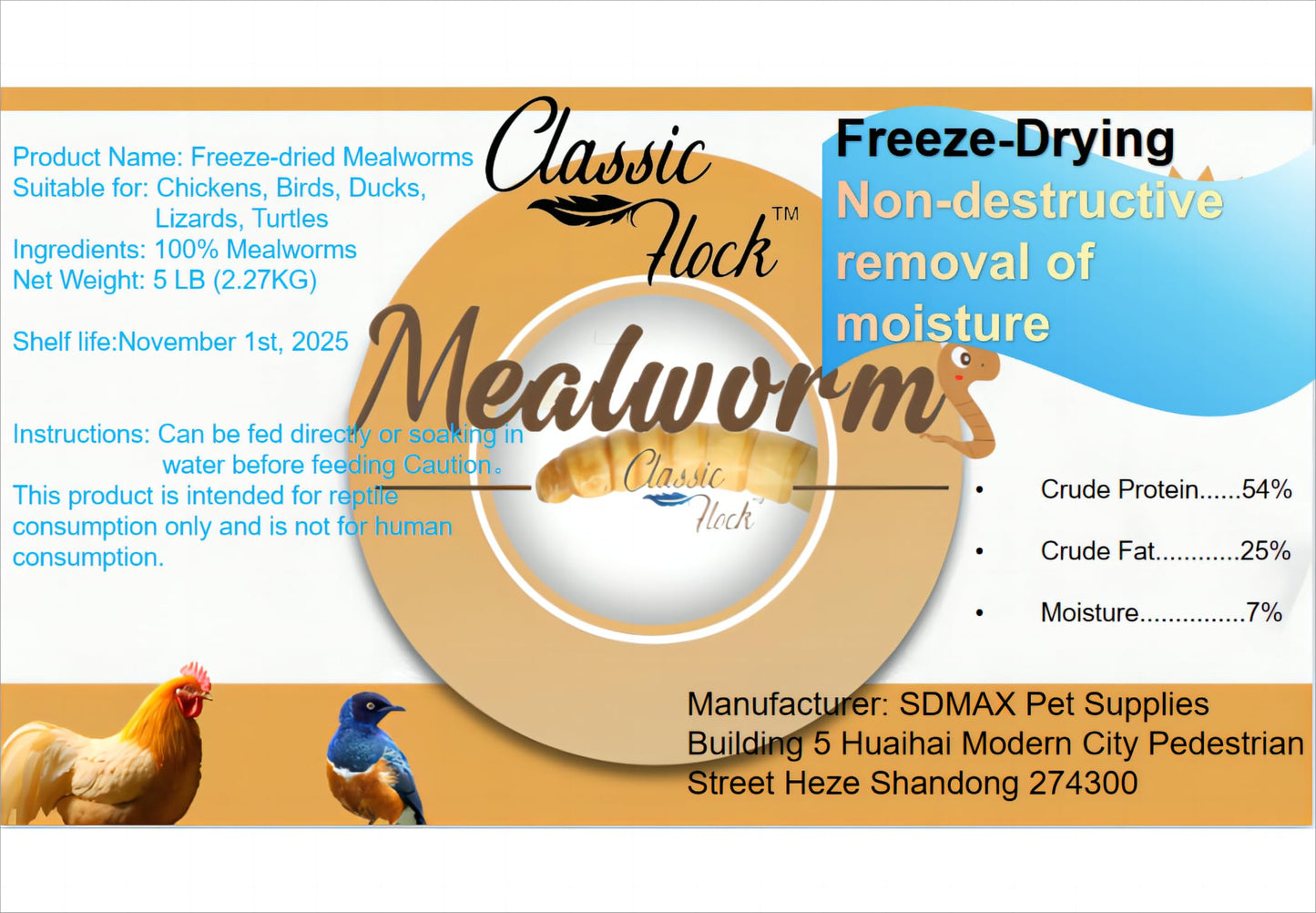 Classic Flock 5lb Freeze-Drying Mealworms – High Protein, Pure Natural, Delicious - Ideal for Chickens, Birds, Ducks, Lizards, Turtles, Fish, and Reptiles, 5lb Meal Worms