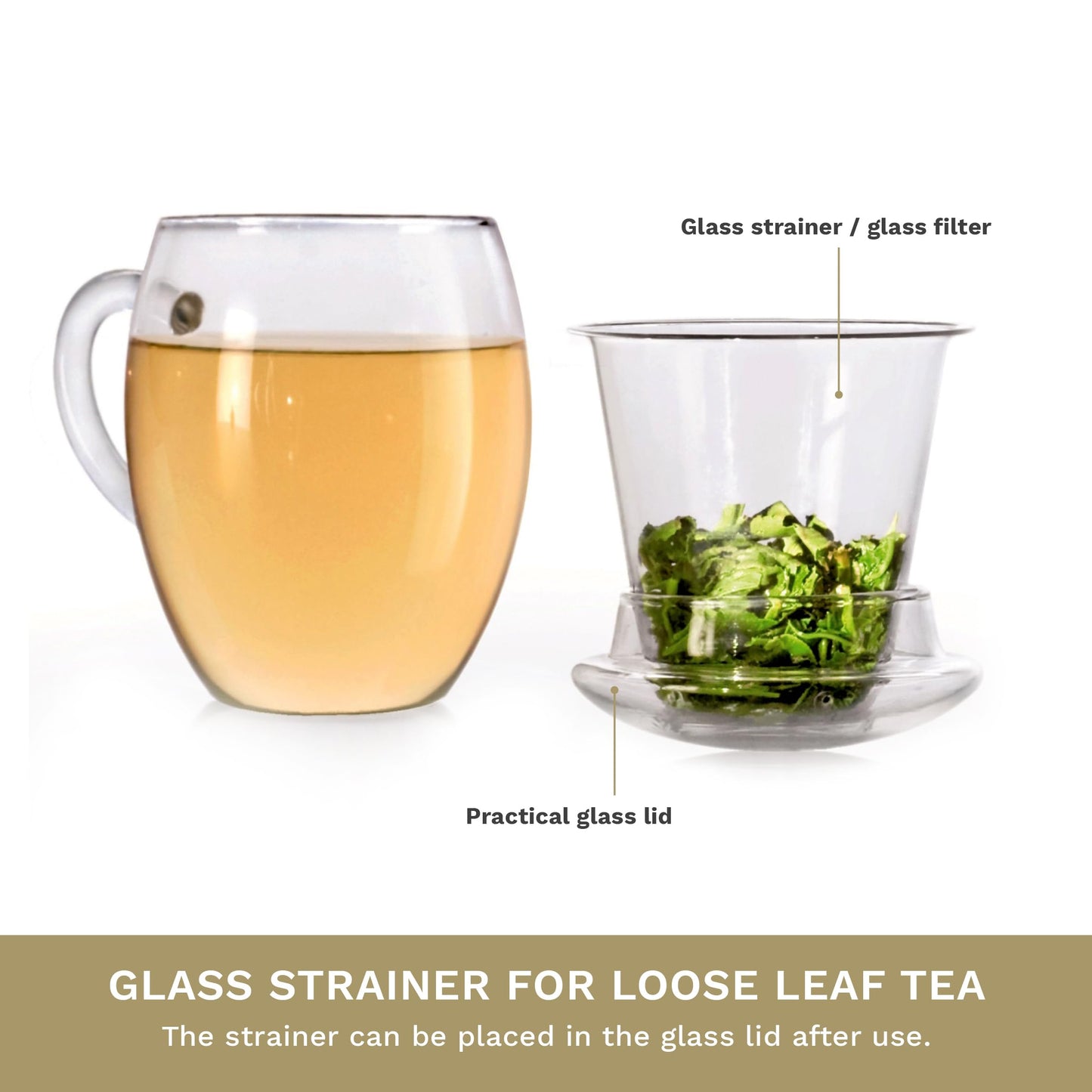 Creano Tea Glass with Infuser and Lid 400ml - Large Tea Cup - Microwave & Dishwasher Safe - Loose Leaf Tea Maker Gift Set