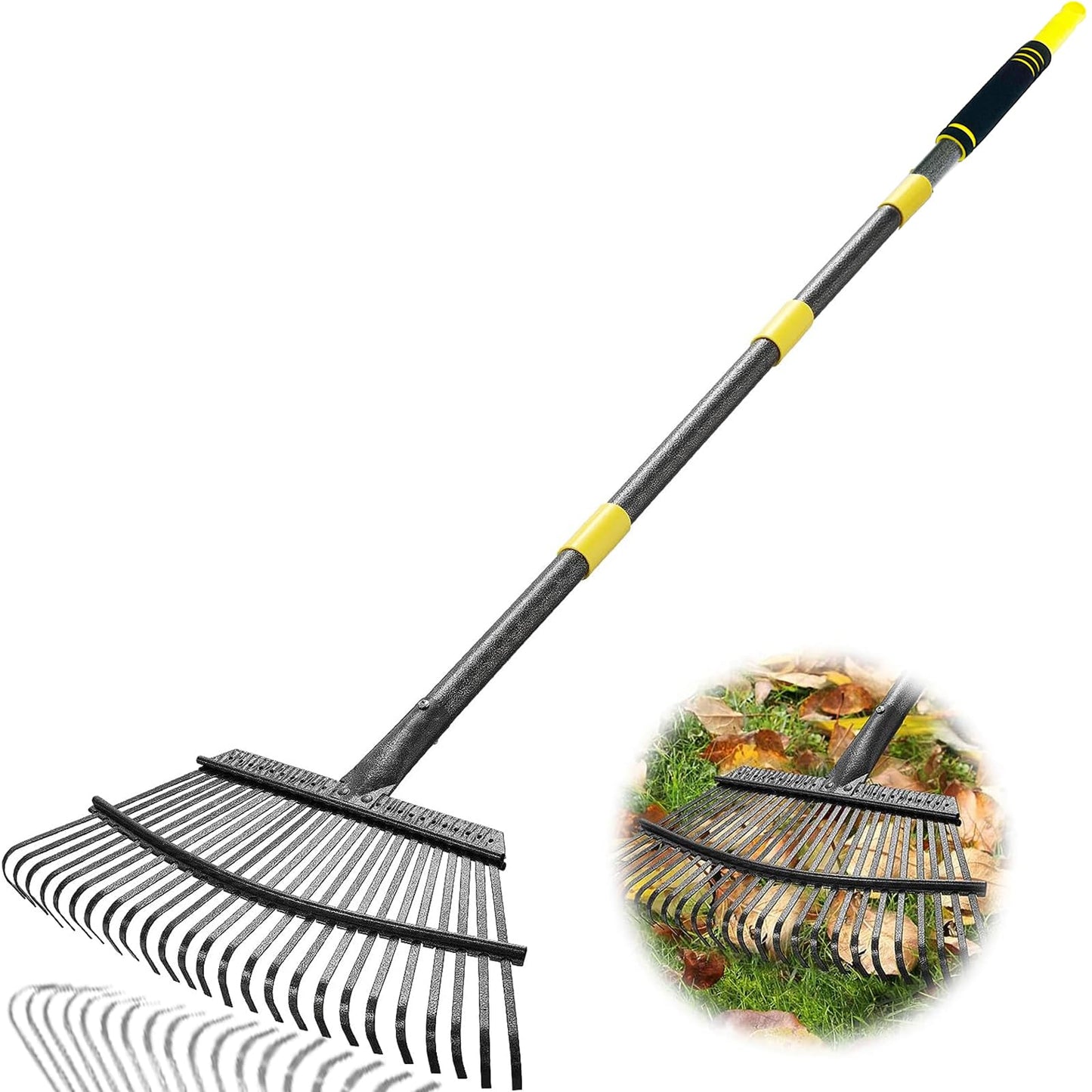 Coopvivi Garden Leaf Rakes, 6FT Rakes for Lawns Heavy Duty 25 Metal Tines 18.5 inch Wide, Adjustable Long Steel Handle, Rakes for Leaves, Gathering Shrub, Leveling Grass, Flower Beds, Yards