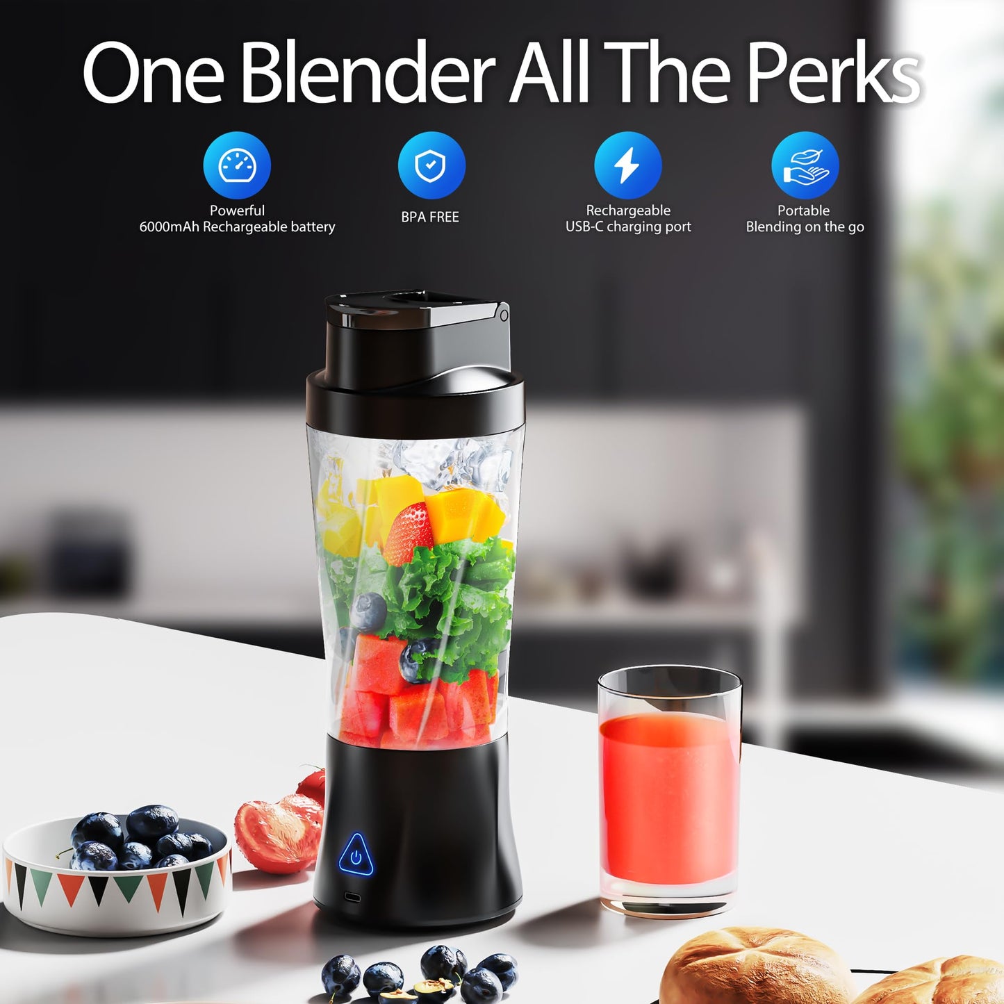 Portable Blender, Cordless, 24oz. Vessel, Personal Blender-for Shakes & Smoothies, BPA Free, Leakproof-Lid & Sip Spout, USB-C Rechargeable & Self Cleaning - Travel Blender with 6 Sharp Blade, Black