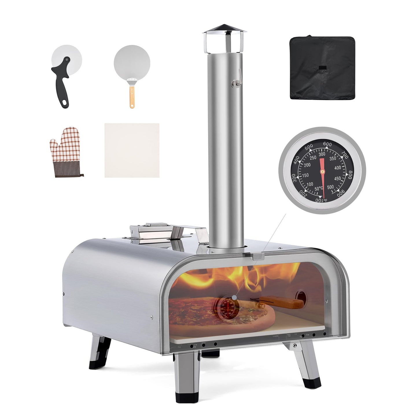 CO-Z 12 Inch Portable Pizza Stove, Camping Pizza Oven Wood Fired, Outdoor Wood Pellet Pizza Oven with Thermometer, Outside Pizza Maker Wood Burning with Pizza Stone & Peel Cutter & Storage Bag