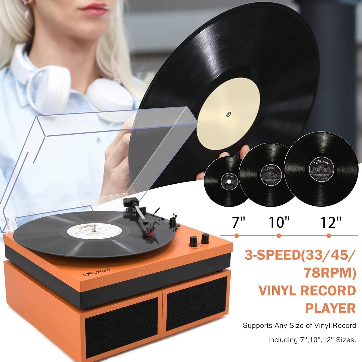 Vinyl Record Player, Vinyl Turntables with Dual Stereo Bookshelf External Speakers, Adjustable 3-Speed Belt-Drive Turntable, LP Player with RCA, Auto Stop,(Orange Leather Wrapped)