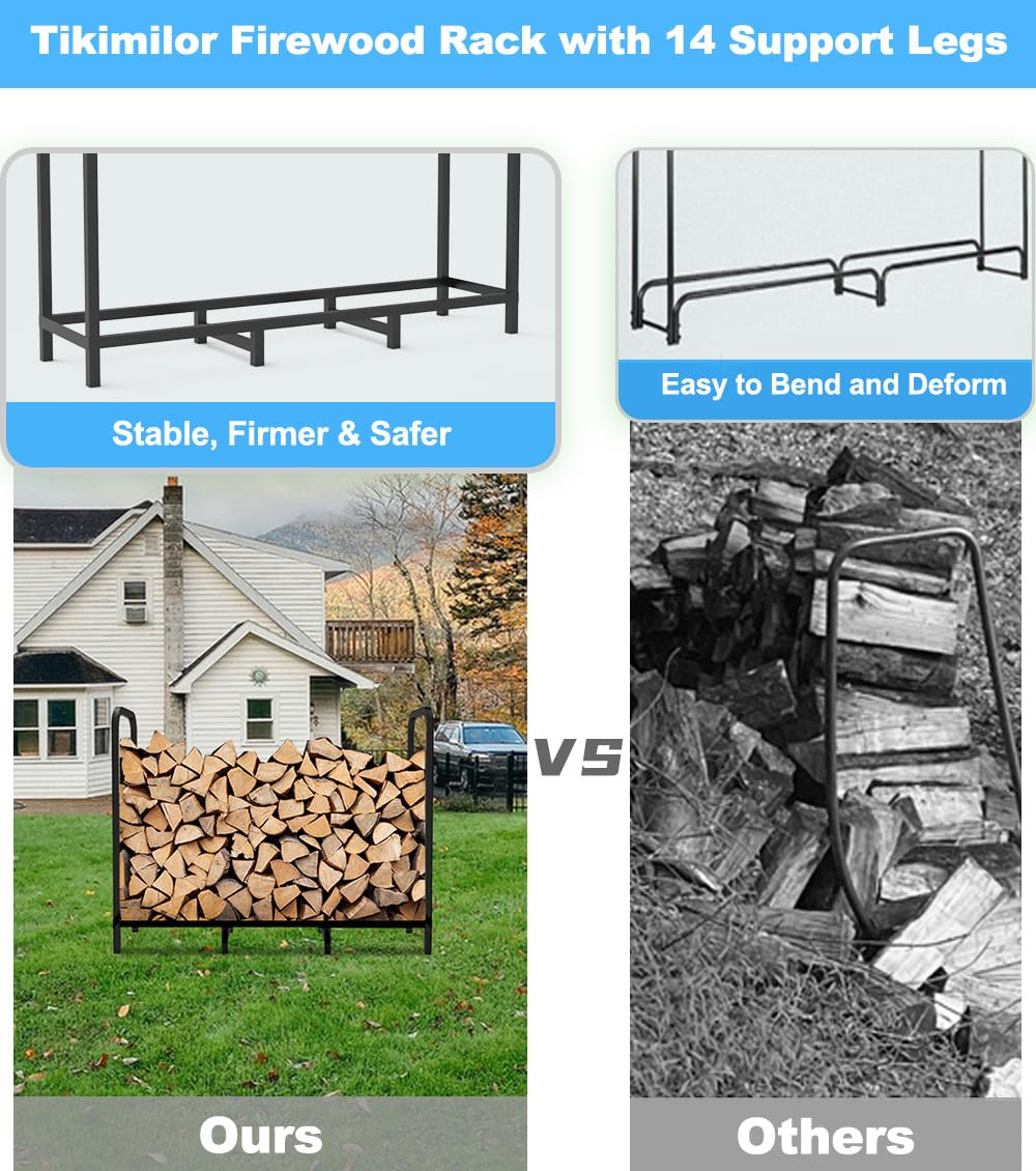 Tikimilor 4ft Firewood Rack Holder, Adjustable Heavy Duty Fire Log Stacker Stand for Fireplace, Outdoor Indoor Metal Wood Pile Storage Organizer, Patio Logs Stand tool, Black