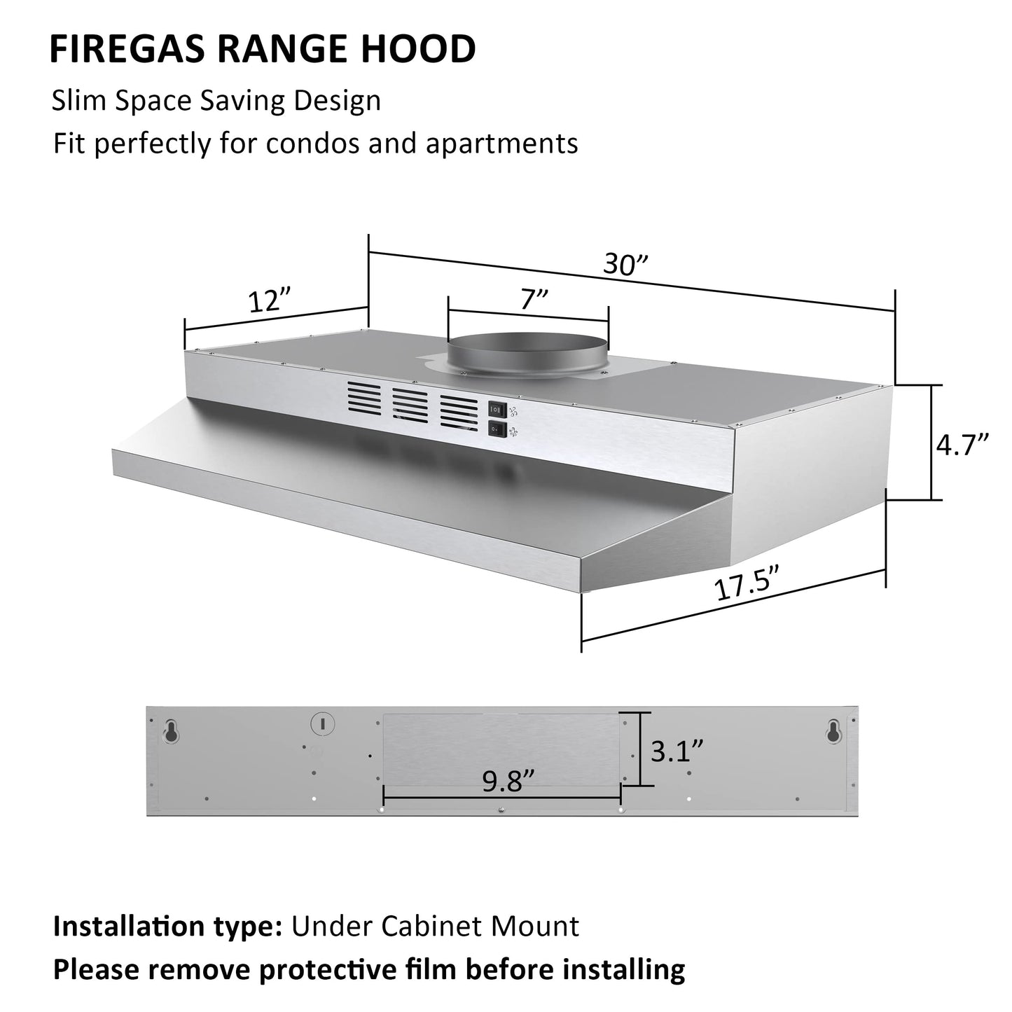 FIREGAS 30 inch Range Hood Under Cabinet, Ducted/Ductless Convertible Stainless Steel Kitchen Range Hood with Rocker Button Control, 2 Speed Exhaust Fan, 300 CFM Aluminum Filter Included