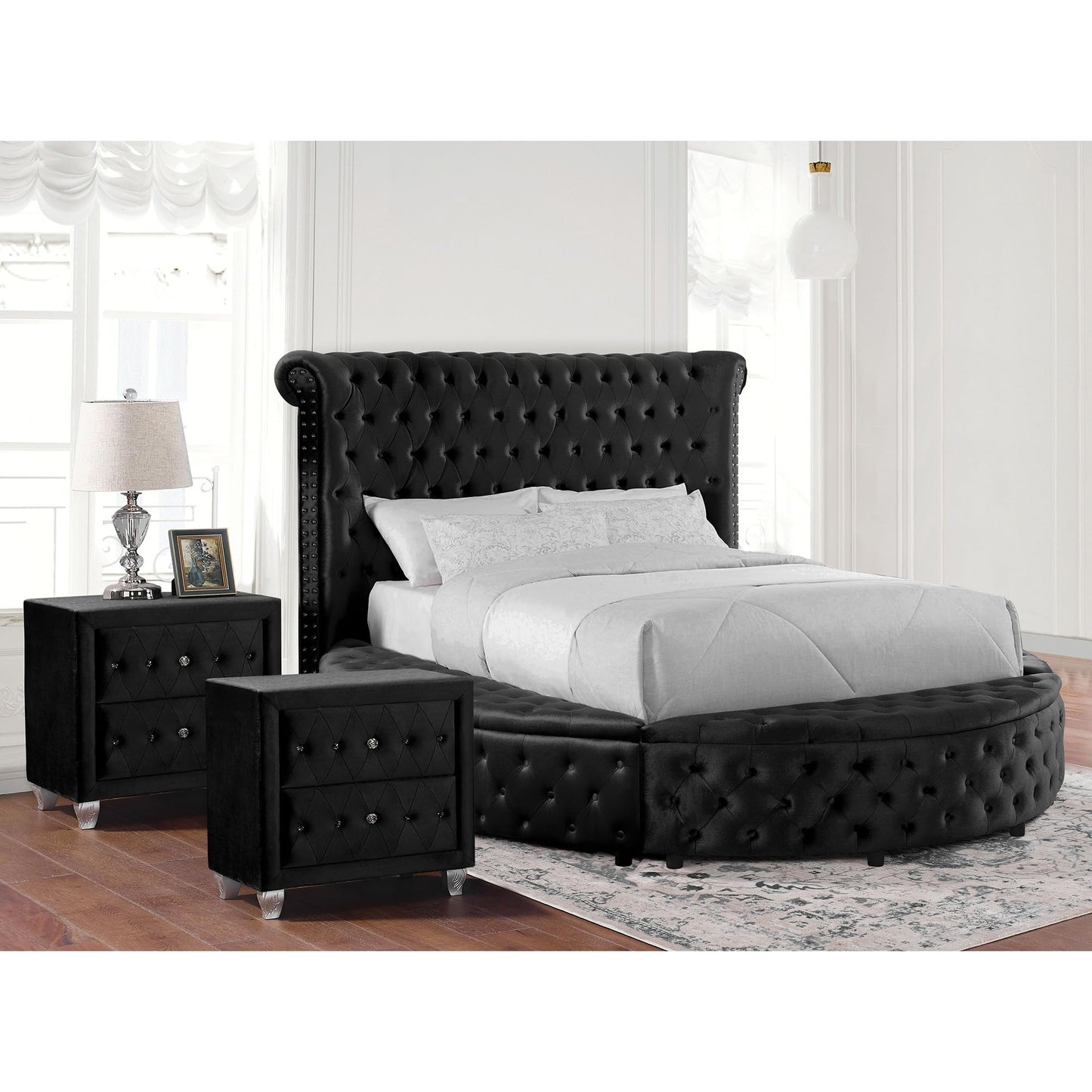 Furniture of America Rhodo Glam Button Tufting Fabric Upholstered 3-Piece Bedroom Set, Bed and 2 Nightstands, California King, Black