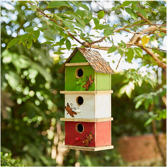 Glitzhome 13.75" H Multicolored Three-Tiered Distressed Solid Wood Birdhouse Garden Hanging Bird House for Outdoors