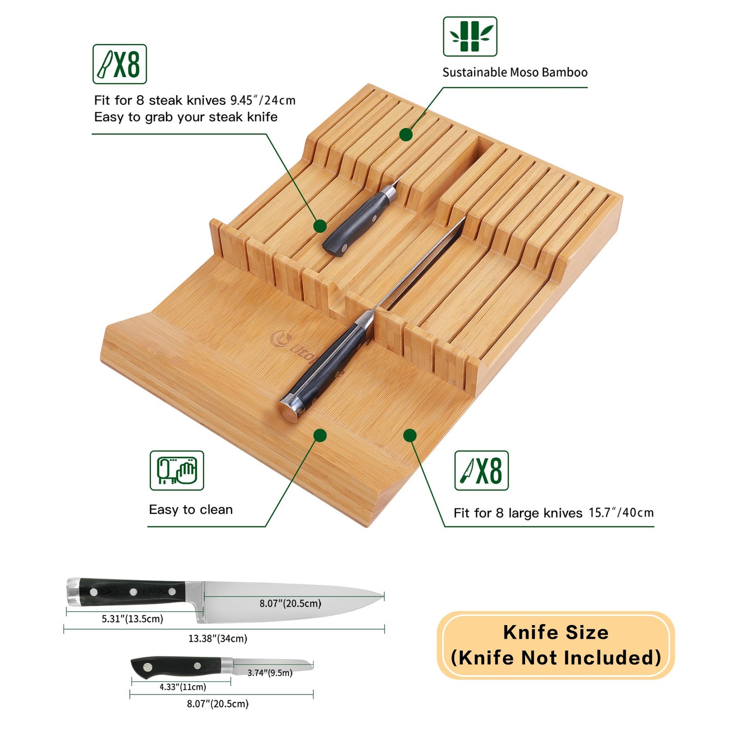 Utoplike In-drawer Knife Block Bamboo Kitchen Knife Drawer Organizer, Large handle Steak knife Holder without Knives, Fit for 16 knives and 1 Sharpening Steel (Not Included)