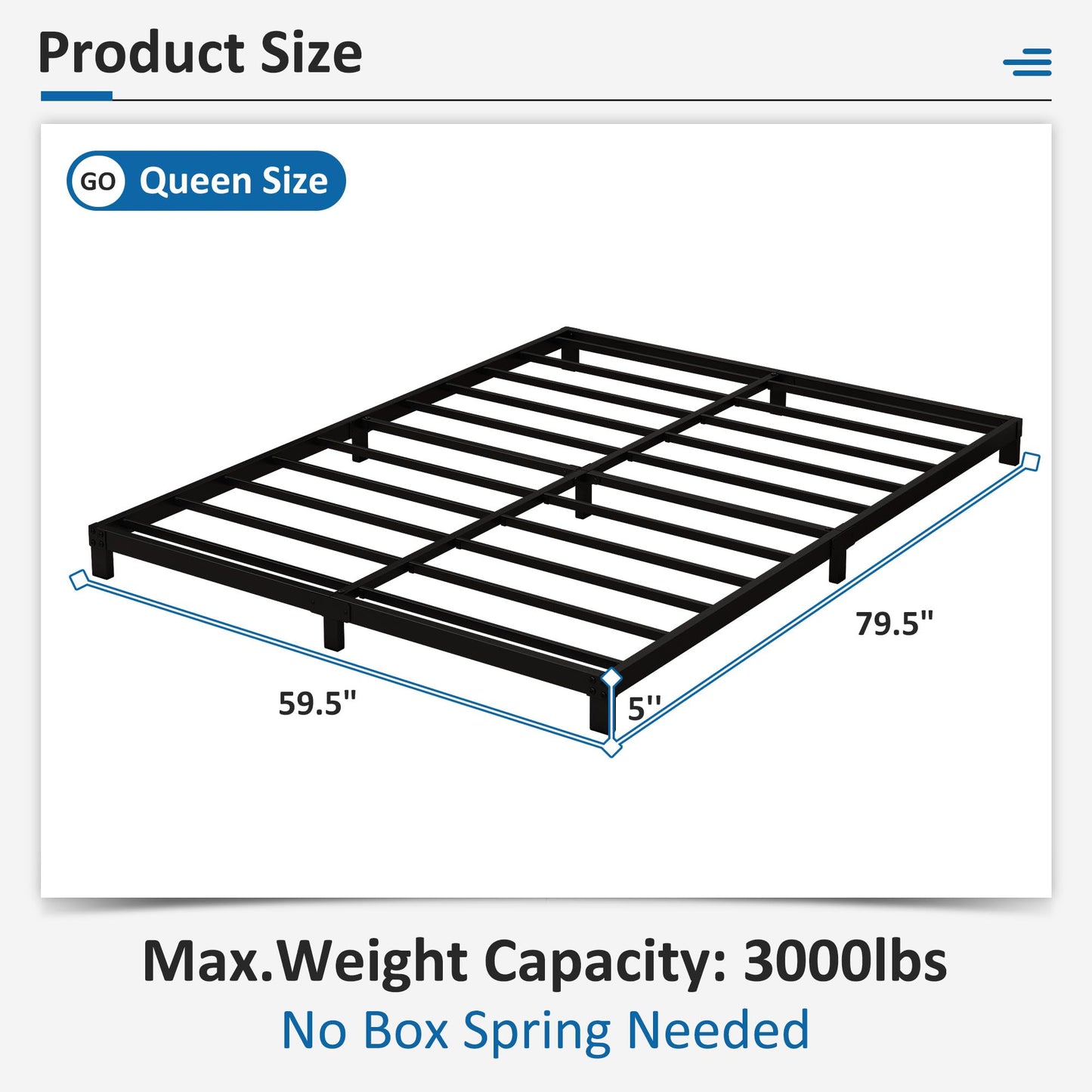 Fly-CTsoar 5 Inch Low Queen Bed Frame Heavy Duty Metal Platform, No Box Spring Needed, Easy Assembly Mattress Foundation, No Noise, Black