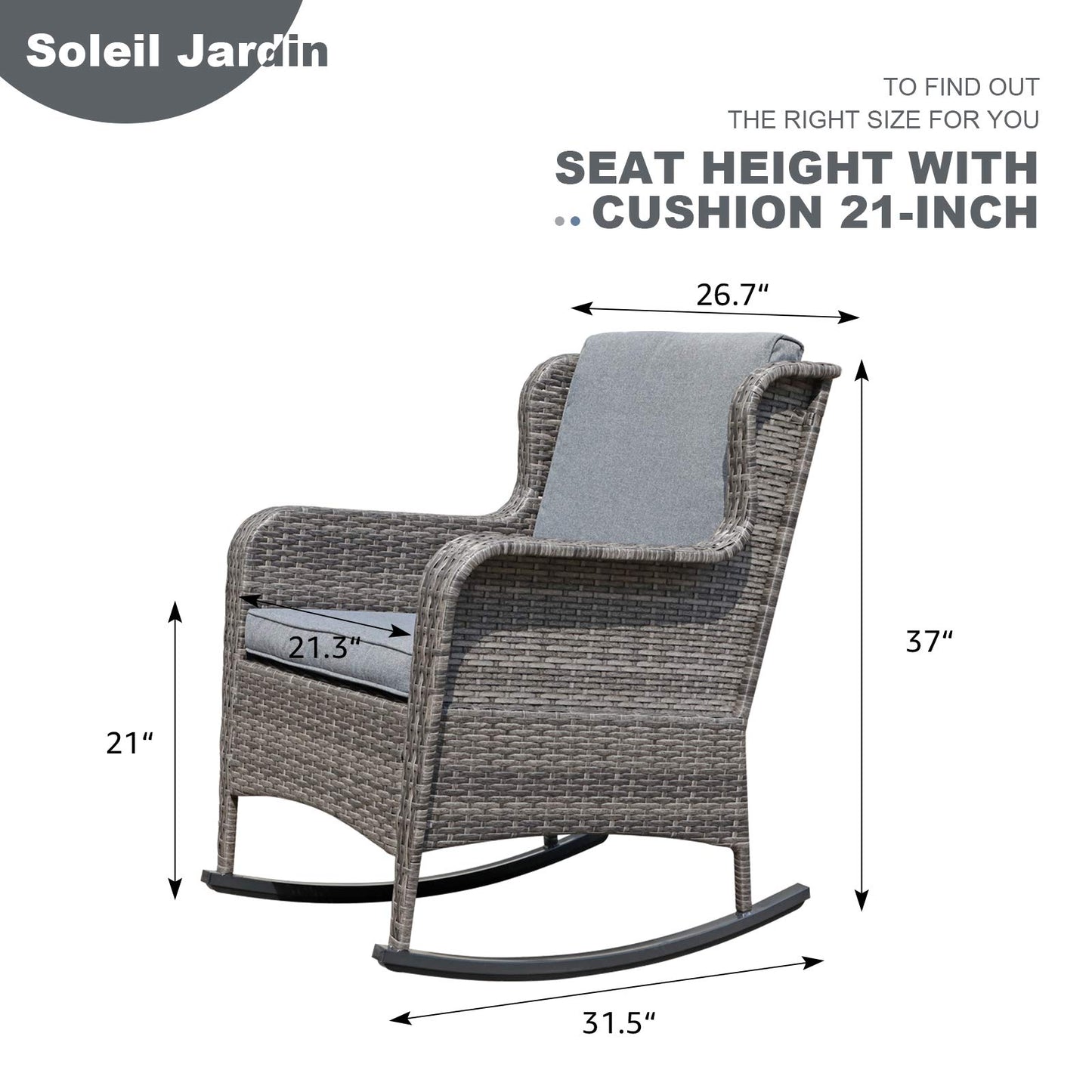 Soleil Jardin Outdoor Resin Wicker Rocking Chair with Cushions, Patio Yard Furniture Club Rocker Chair, Gray Wicker & Gray Cushions