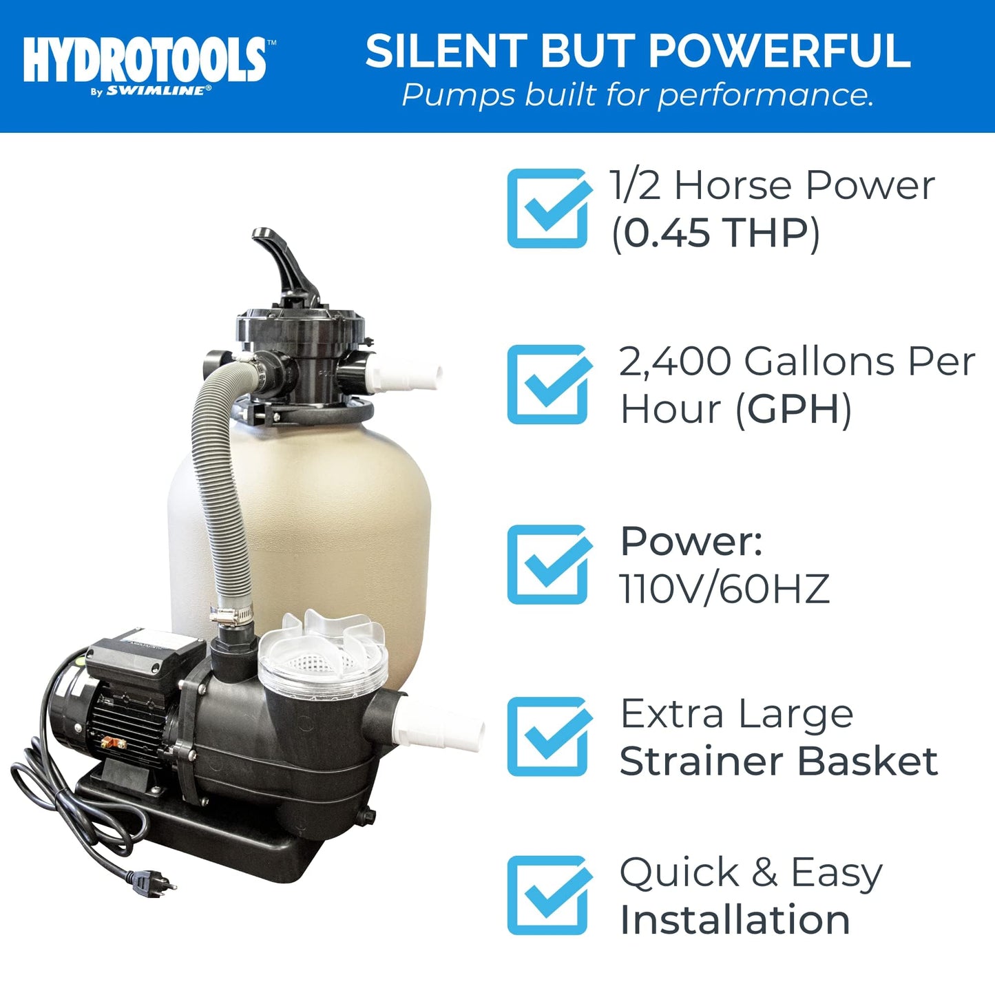 Swimline HydroTools 71405 60 Lb Sand Filter System for 10,500 Gallon Pools with 0.43 THP Pump, 2400 GPH Flow Rate, 14" Tank, and 4-Way Valve, Tan