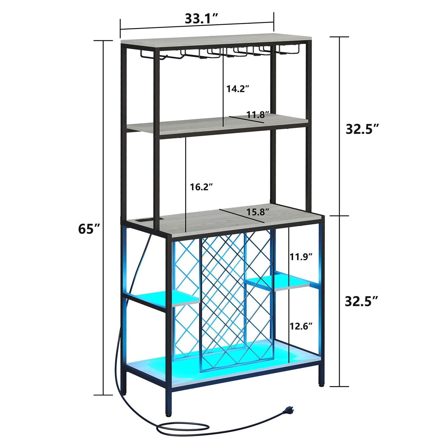 furomate Wine Cabinet with Power Outlets & LED Lights, 5-Tier Industrial Wine Bar Cabinet with Glass Holder, Home Bar Furniture, Wine Ranks for Liquor and Wine Storage, Grey