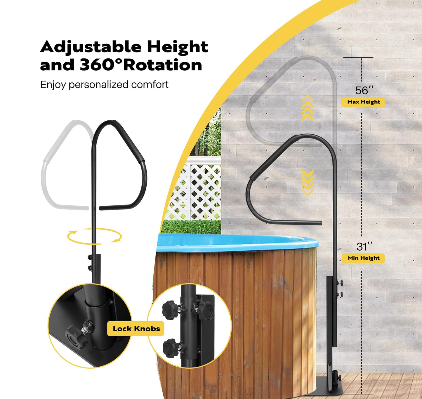 VIVOHOME 360 Rotatable Hot Tub Safety Handrail, Height Adjustable 31'' to 56'', Slide-Under Base Spa Step Handle 600 LBS Load/Rubber Sponge for Indoor Outdoor