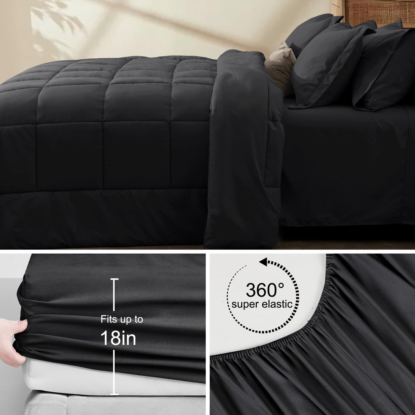 PHF 7 Pieces California King Comforter Set Black, Bed in a Bag Comforter & 18" Sheet Set All Season, Ultra Soft Noiseless Bedding Sets with Comforter, Sheets, Pillowcases & Shams