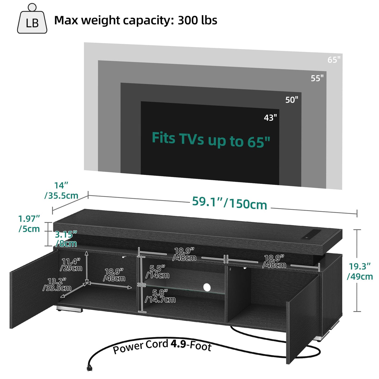 YITAHOME TV Stands for Living Room, 65 55 50 inch TV Stand, Modern Entertainment Center w/Power Outlets, LED Television Stands with Storage, Wood TV Stand, Gaming Media Stand, Black