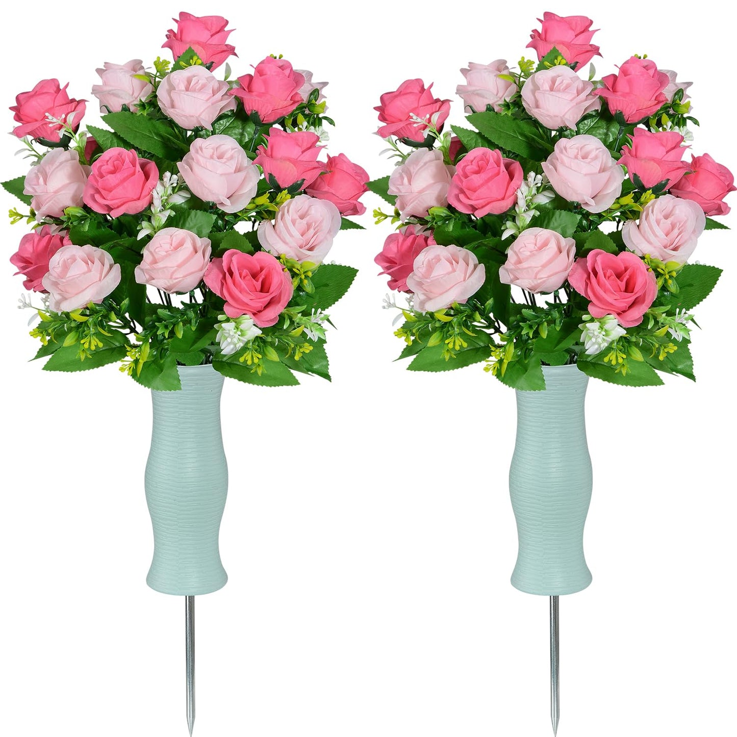 AOFOX Artificial Cemetery Flowers with Vase, Headstone Flowers Rose Bouquet, Graveyard Memorial Flowers for Grave Arrangements Set of 2 (Pink)