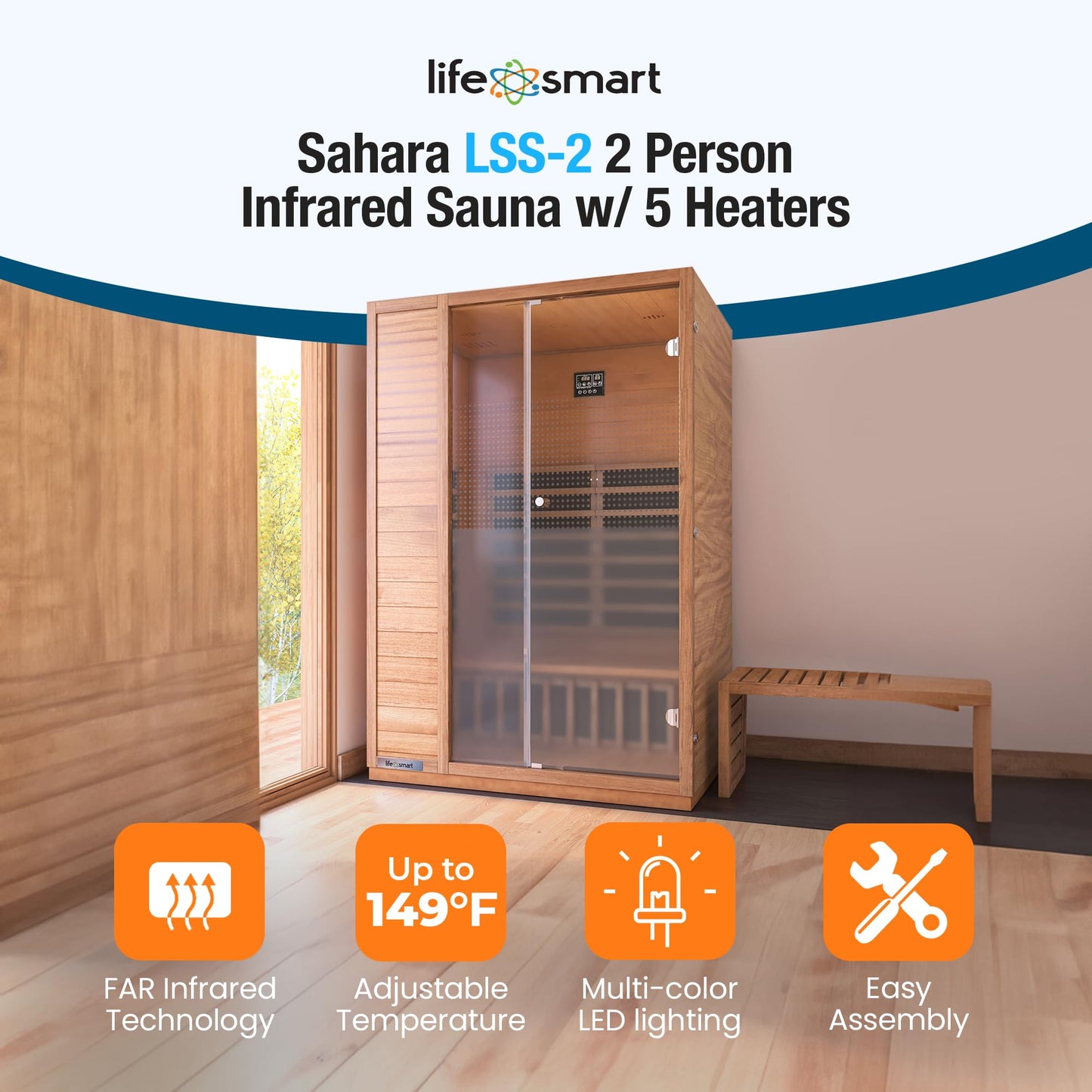 LIFE SMART Sahara 2 Person Infrared Home Sauna with 5 Heaters, Adjustable Temperature and Roof Vent, and Bluetooth, LSS-2, Natural Okoume Hemlock Wood