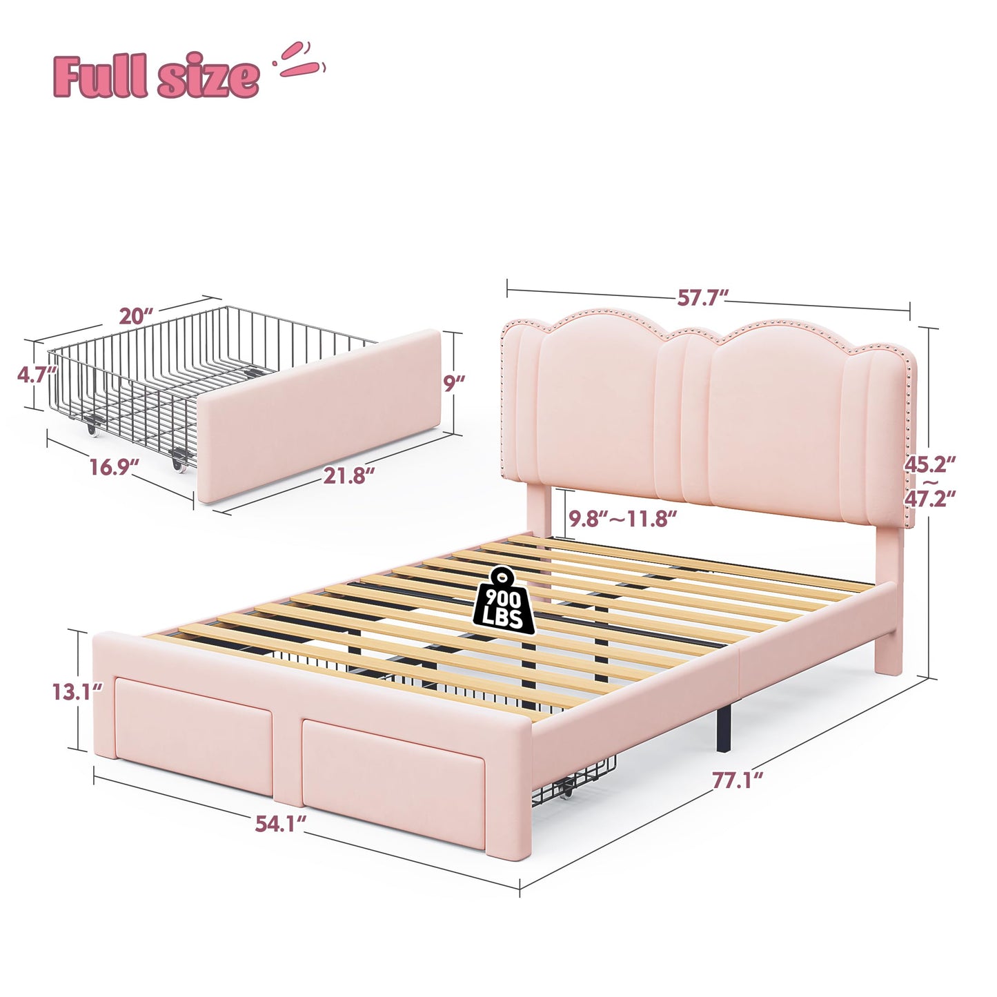 EnHomee Full LED Bed Frame with Storage Drawers,Upholstered Bed Frame with Adjustable Headboard, Princess Platform Bed Frame,Strong Solid Wooden Slats, No Box Spring Required, Easy Assembly, Pink