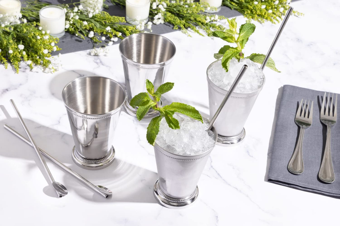 Sol Living Mint Julep Cups Set of 4, 12 oz Stainless Steel Lining Silver Cups Handcrafted Kentucky Derby Cups Barware Set for Cocktails Mixed Drinks Bar Accessories Gift Set Perfect for Cold Drinks