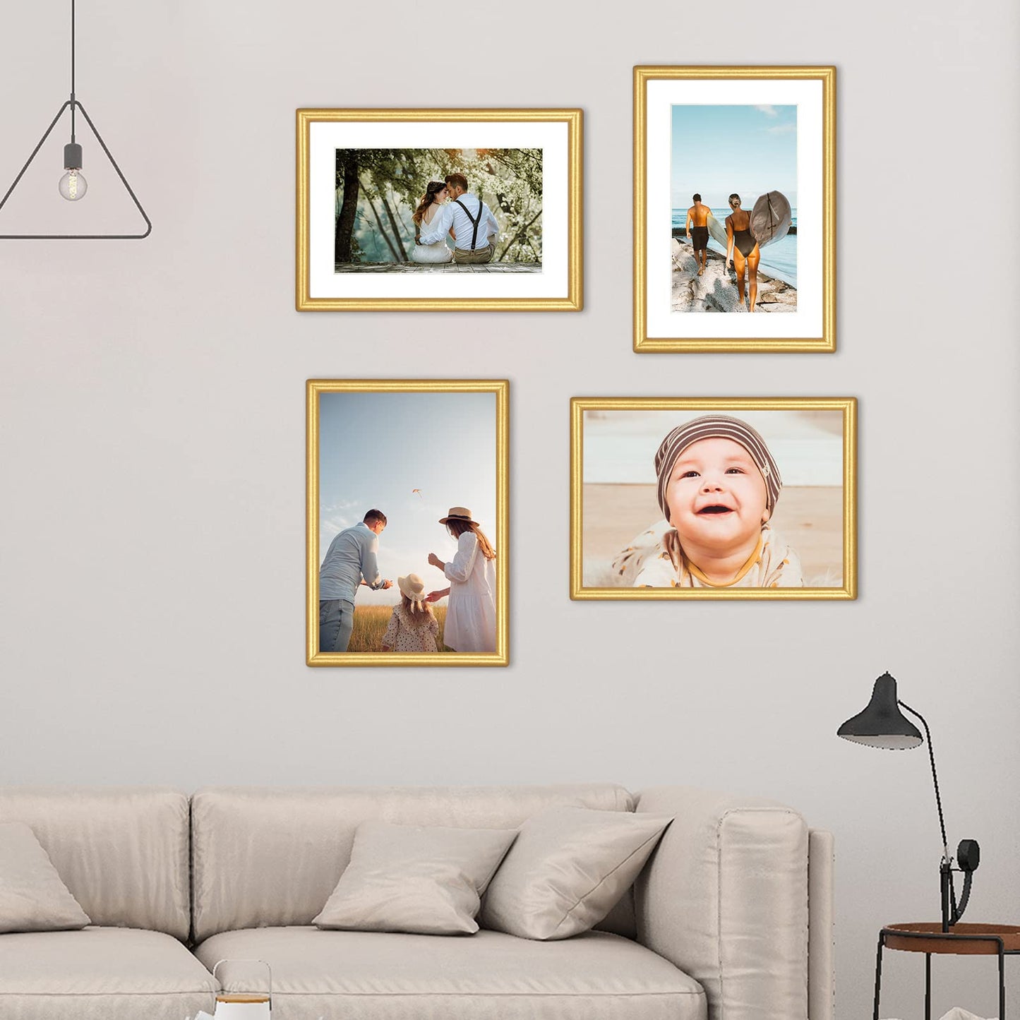 Fkvat 4x6 Picture Frames Set of 4, Gold Matte Thin Modern Metal, for Horizontal & Vertical Wall Hanging and Tabletop, Aluminum Floating Photo Frame, Display 3x5 with Mat or 4x6 without Mat (4 Pack)