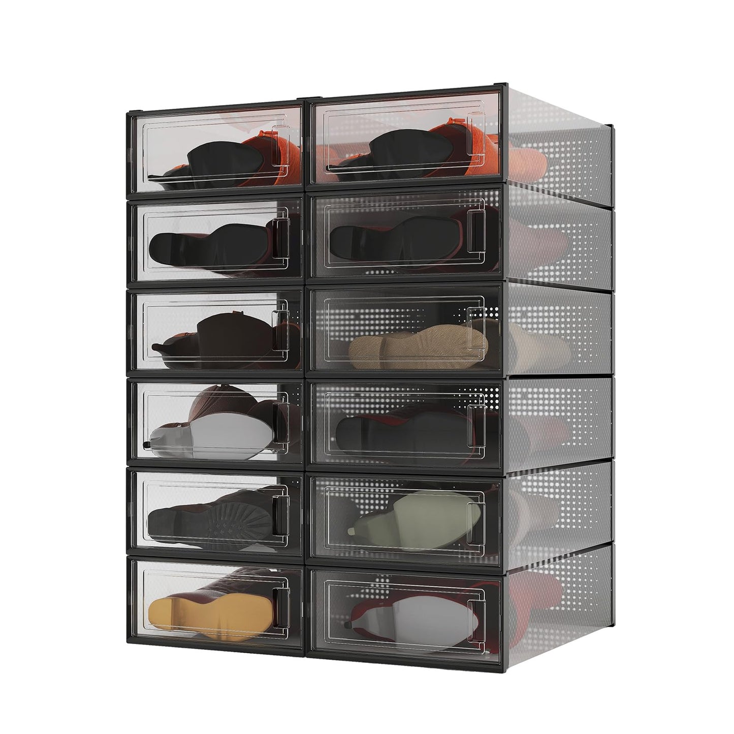 PARANTA 12-Piece Boot Shoe Storage Box, Stackable Clear Plastic Shoe Organizer with Clear Door for Storing Shoes, Black 20.5" x 12.5" x 5.5"