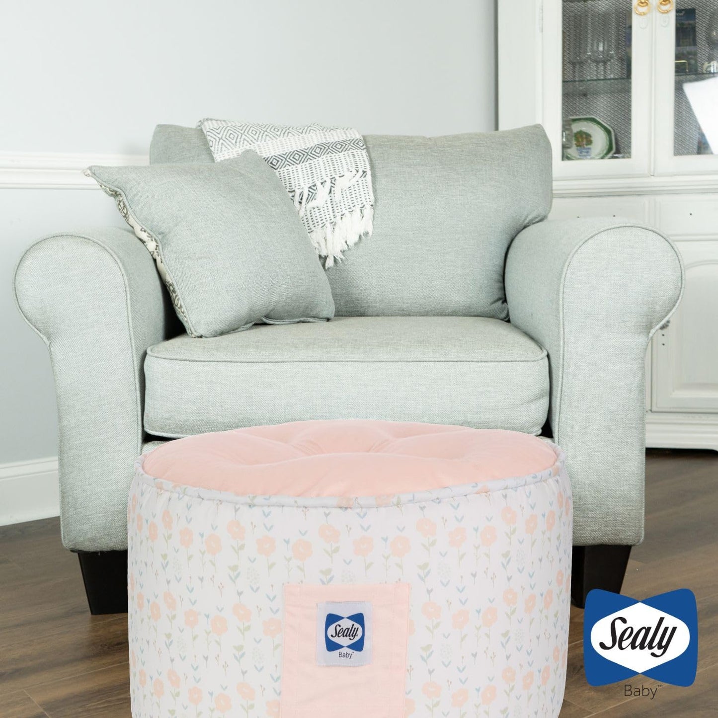 SEALY BABY Pouf Kids Toddler Ottoman - Comfy, Lightweight, and Stylish Seating for Your Little One (Coral & Blossoms)