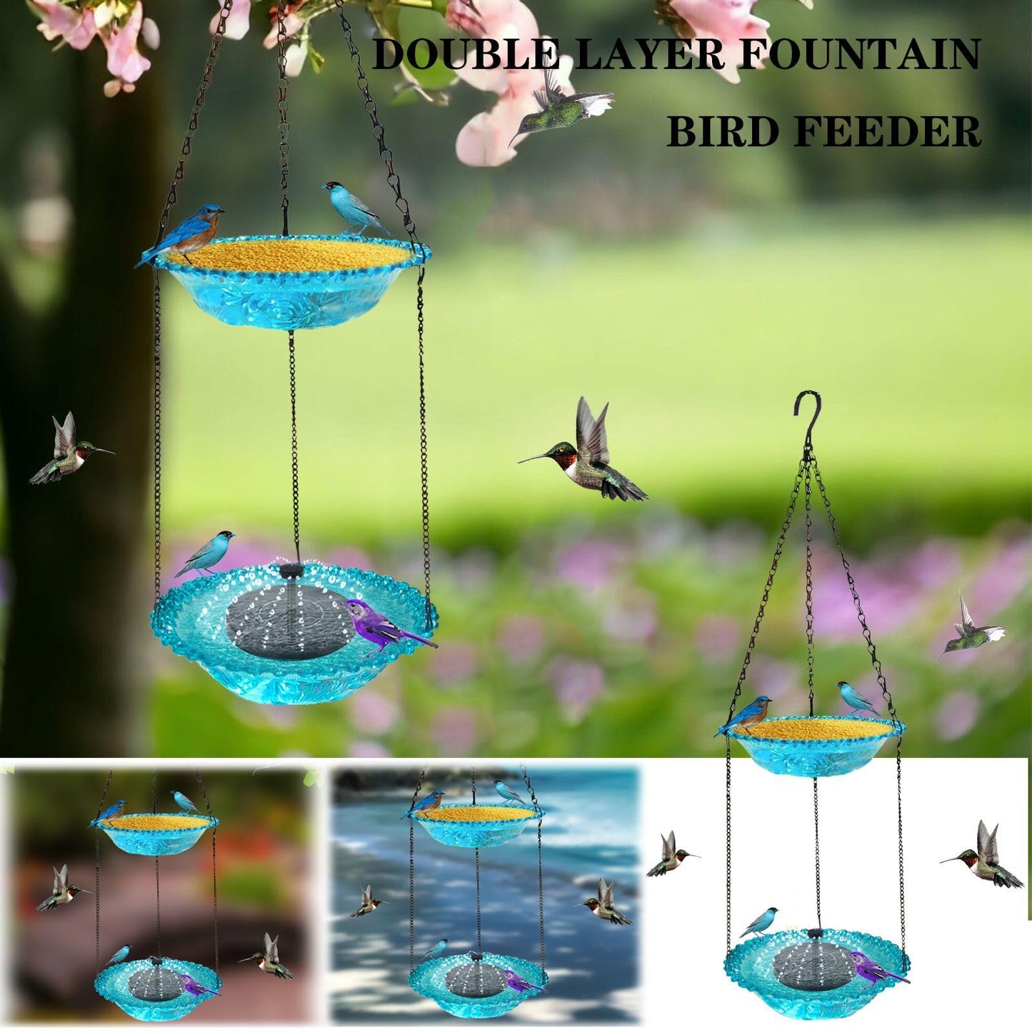 2 Layer Hanging Bird Bath for Outside, 9.25 Inch Metal Hanging Bird Baths for Outdoors 2 in 1 Bird Feeder for Backyard, Yard, Patio, Garden Decor (Purple)