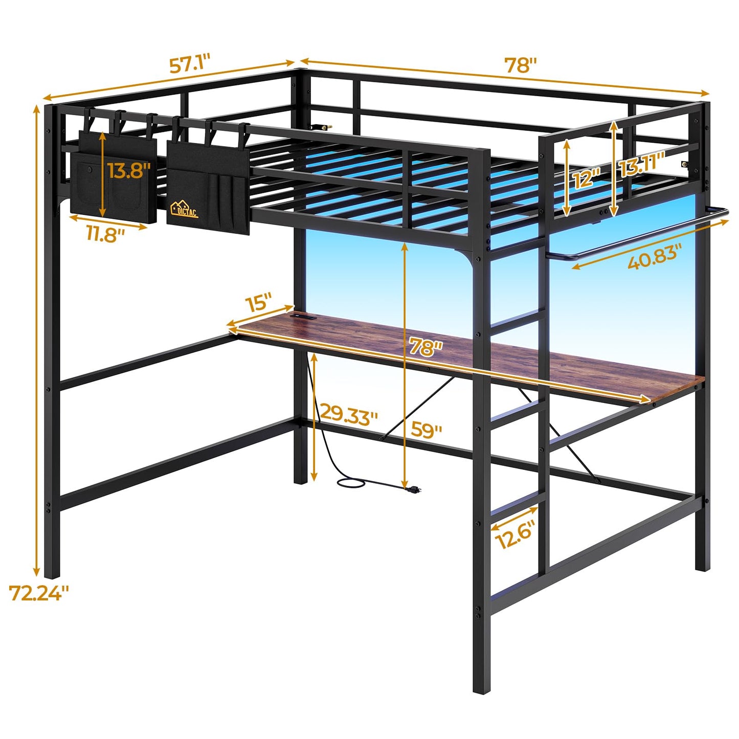 DICTAC Loft Bed Full Size with Desk and Led Lights Full Metal Loft Bed with Charging Station Full Size Metal Bed Frame with Safety Guard & Ladder, Space-Saving,No Noise,No Box Spring Needed, Black