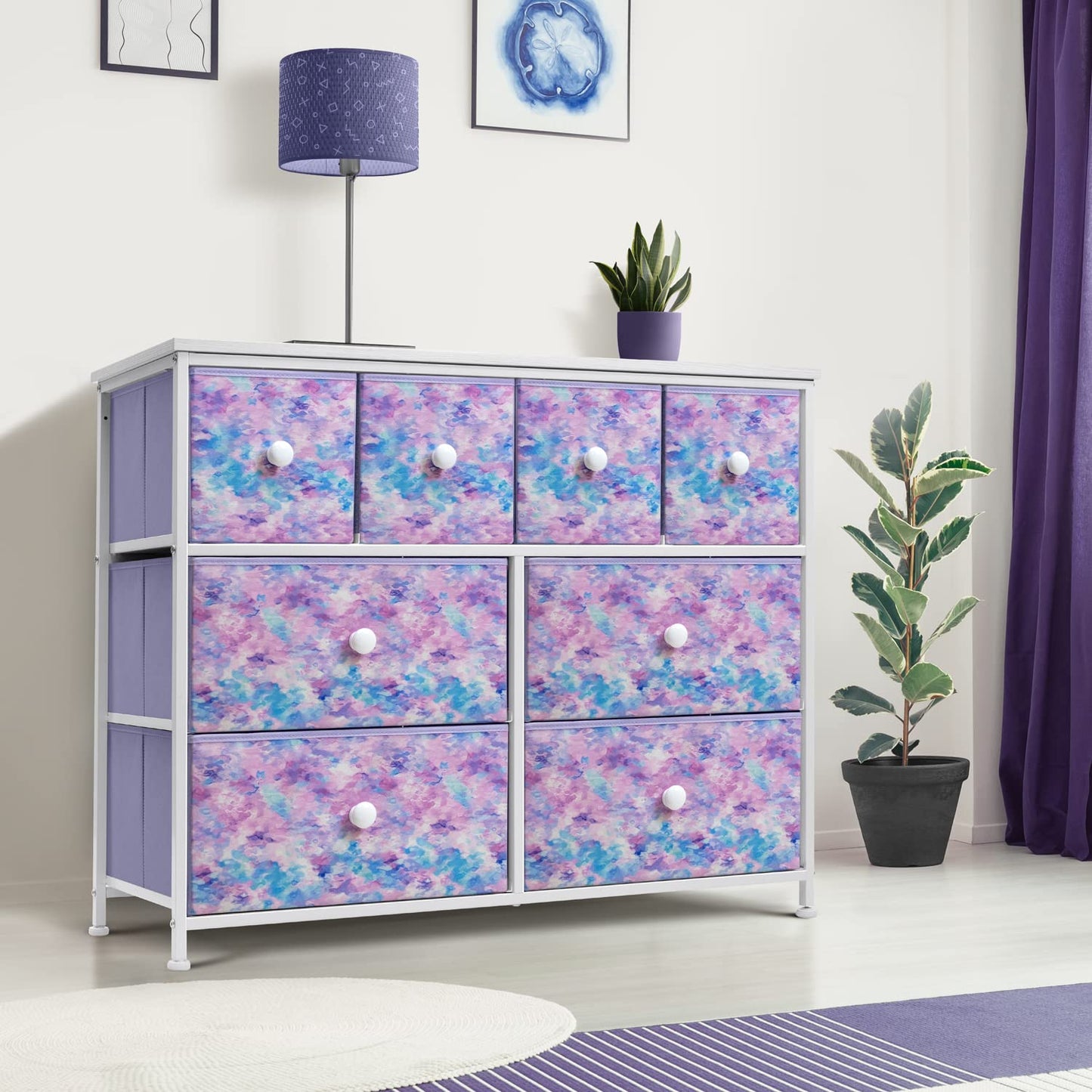 Sorbus Fabric Dresser for Kids Bedroom - Chest of 8 Drawers, Storage Tower, Clothing Organizer, for Closet, for Playroom, for Nursery, Steel Frame, Fabric Bins - Knob Handle (Tie-dye Purple)