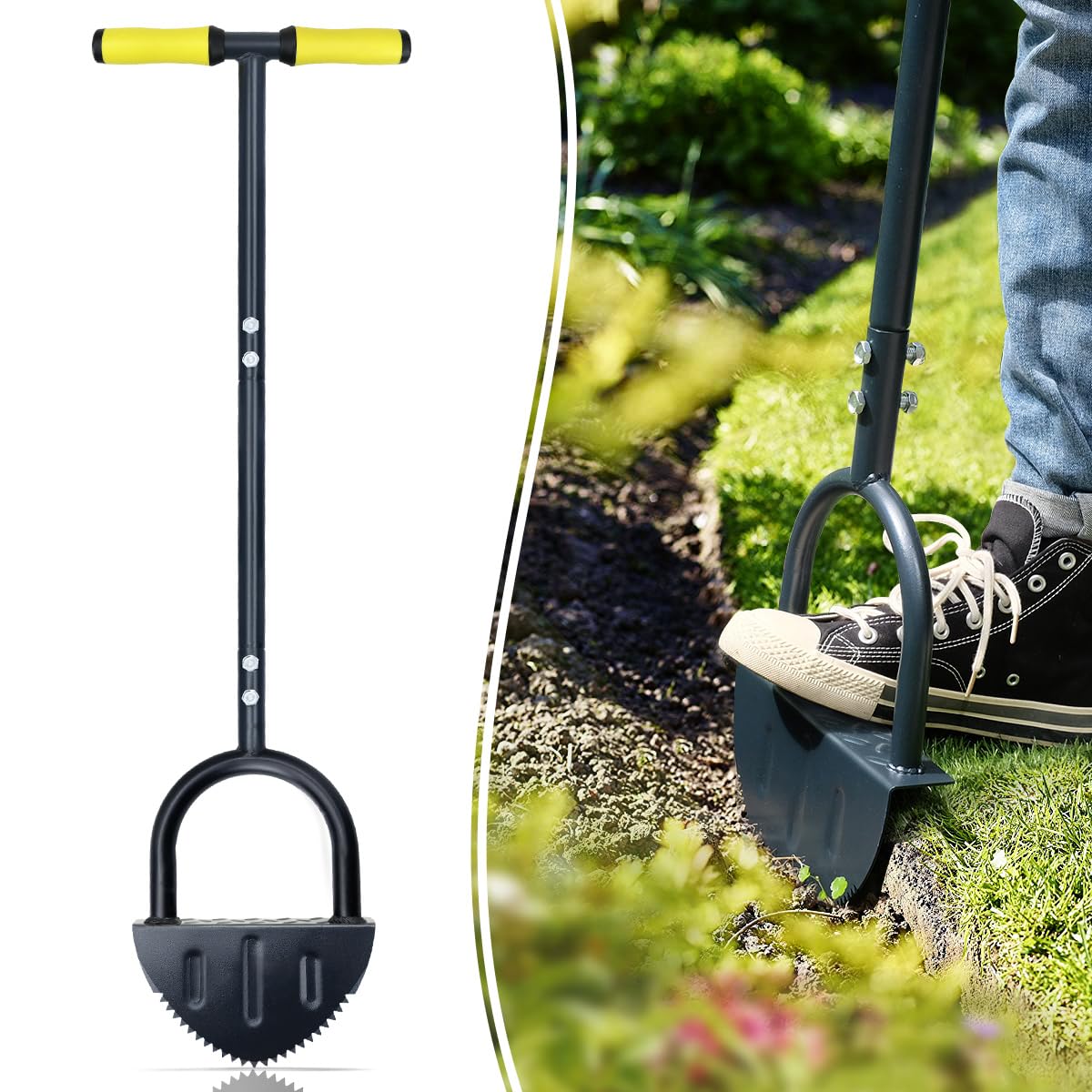 Colwelt Saw-Tooth Edger Lawn Tool, Half Moon Lawn Edger with T-Grip, Sidewalk Grass Long Handled Step Edger, 38-Inch